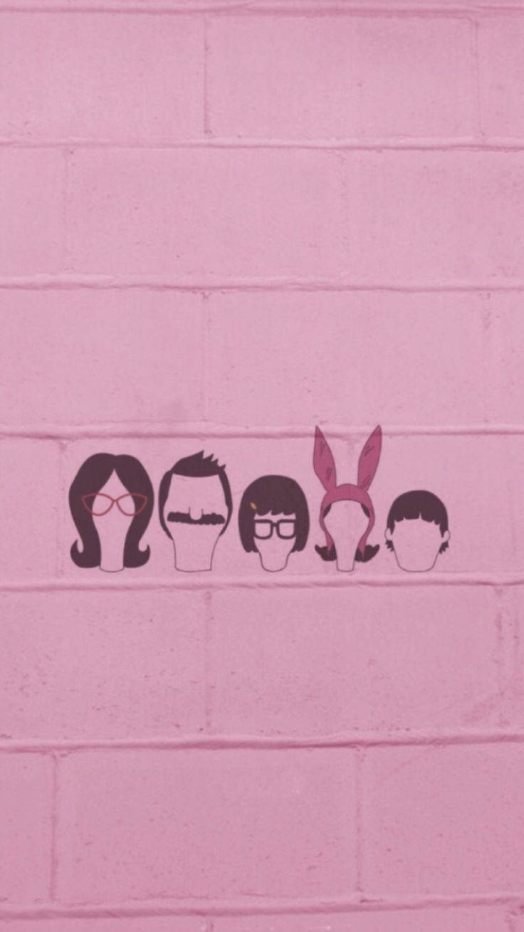 tina 桌布 壁紙 — 五個 Bob's Burgers 角色的極簡卡通頭像從粉紅磚牆上探出頭來。