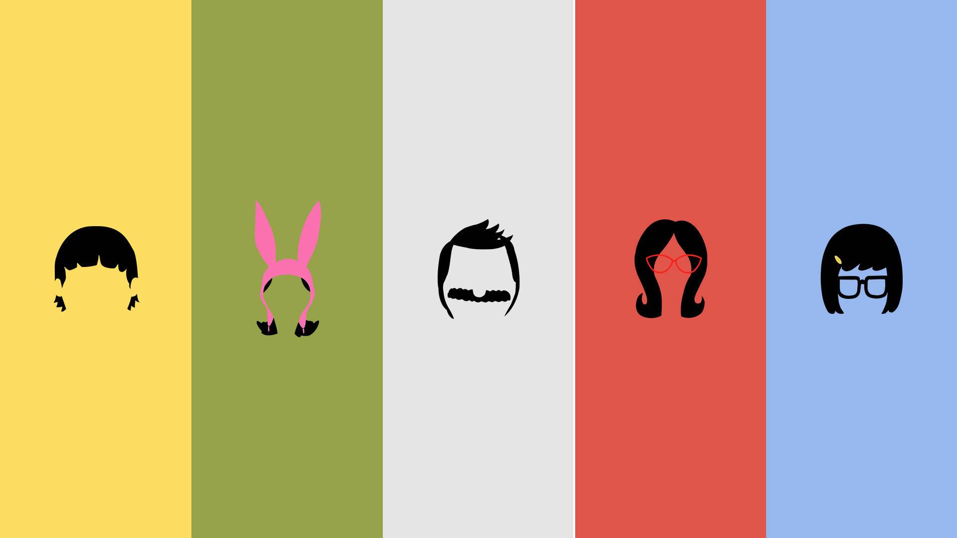 Family 桌布 壁紙 — 五個 Bob's Burgers 角色的極簡黑色剪影，襯以大膽的彩色垂直條紋。