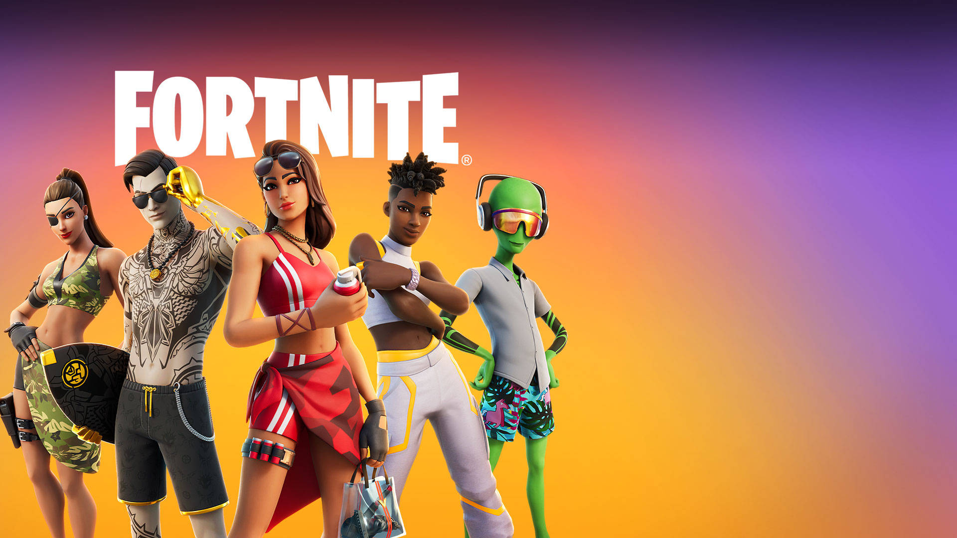 桌布 壁紙 — 五個《Fortnite》角色穿著鮮豔服裝，在漸變日落天空前自信擺姿勢，遊戲標誌在上方。