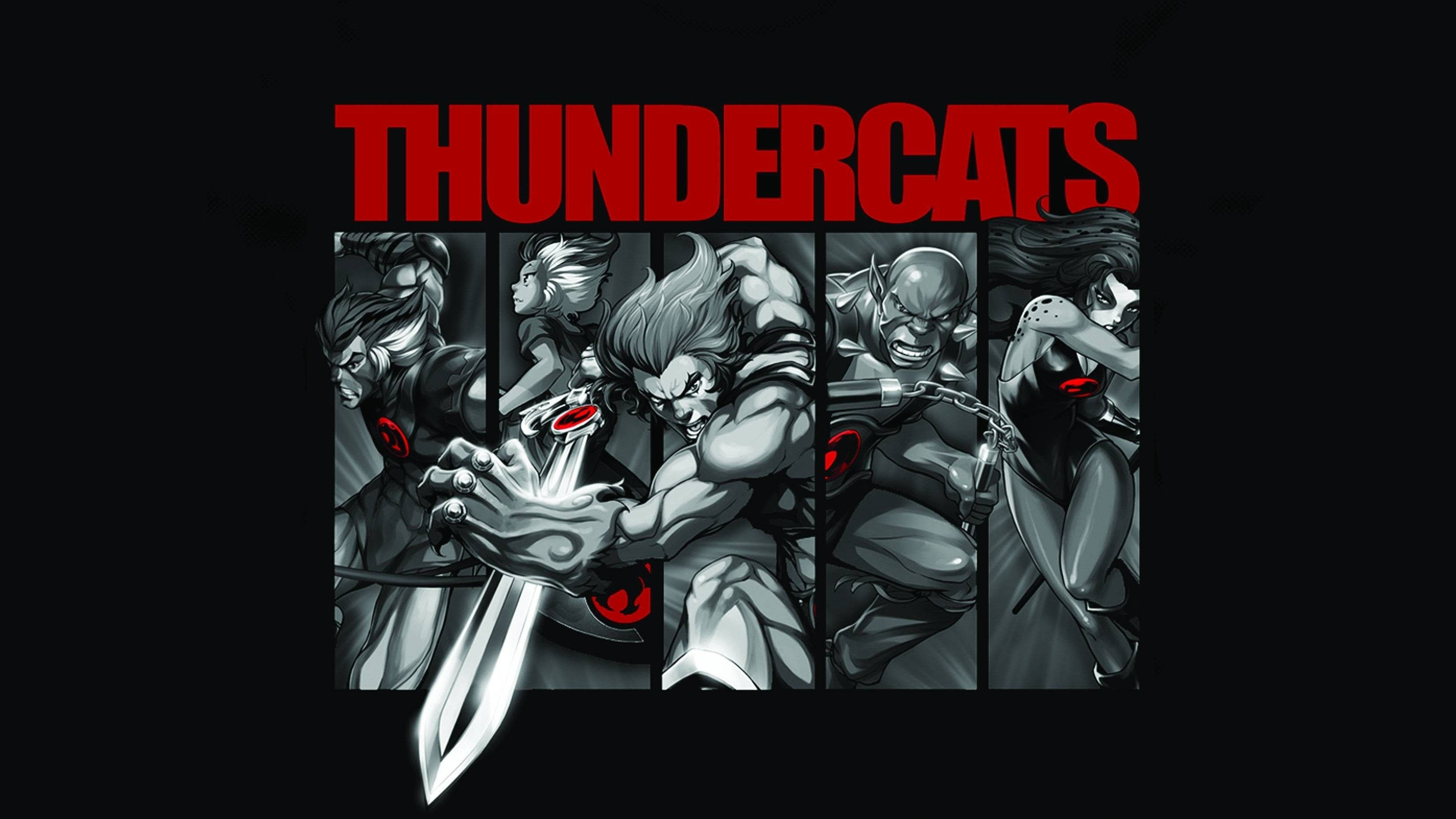 Thundercats 桌布 壁紙 — 五個 ThunderCats 角色以動態姿勢呈現，紅眼睛，手持大劍，背景為黑色。