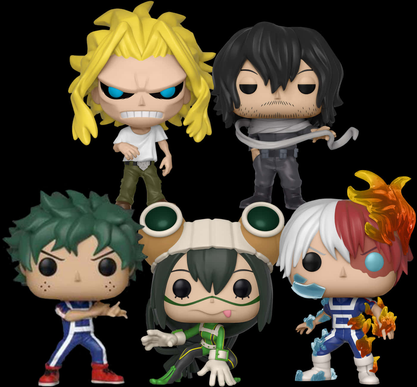 My Hero Academia Anime 桌布 壁紙 — 五個《我的英雄學院》角色的 Funko Pop! 人偶在黑色背景前動態擺姿勢。