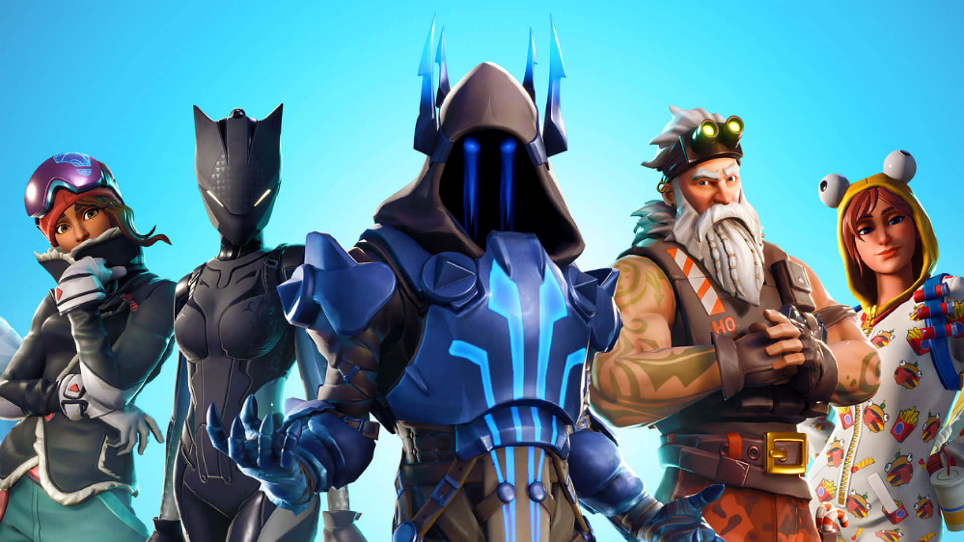 Fortnite 桌布 壁紙 — 五個《要塞英雄》角色穿著鮮豔服裝，自信地站在明亮的藍天下。