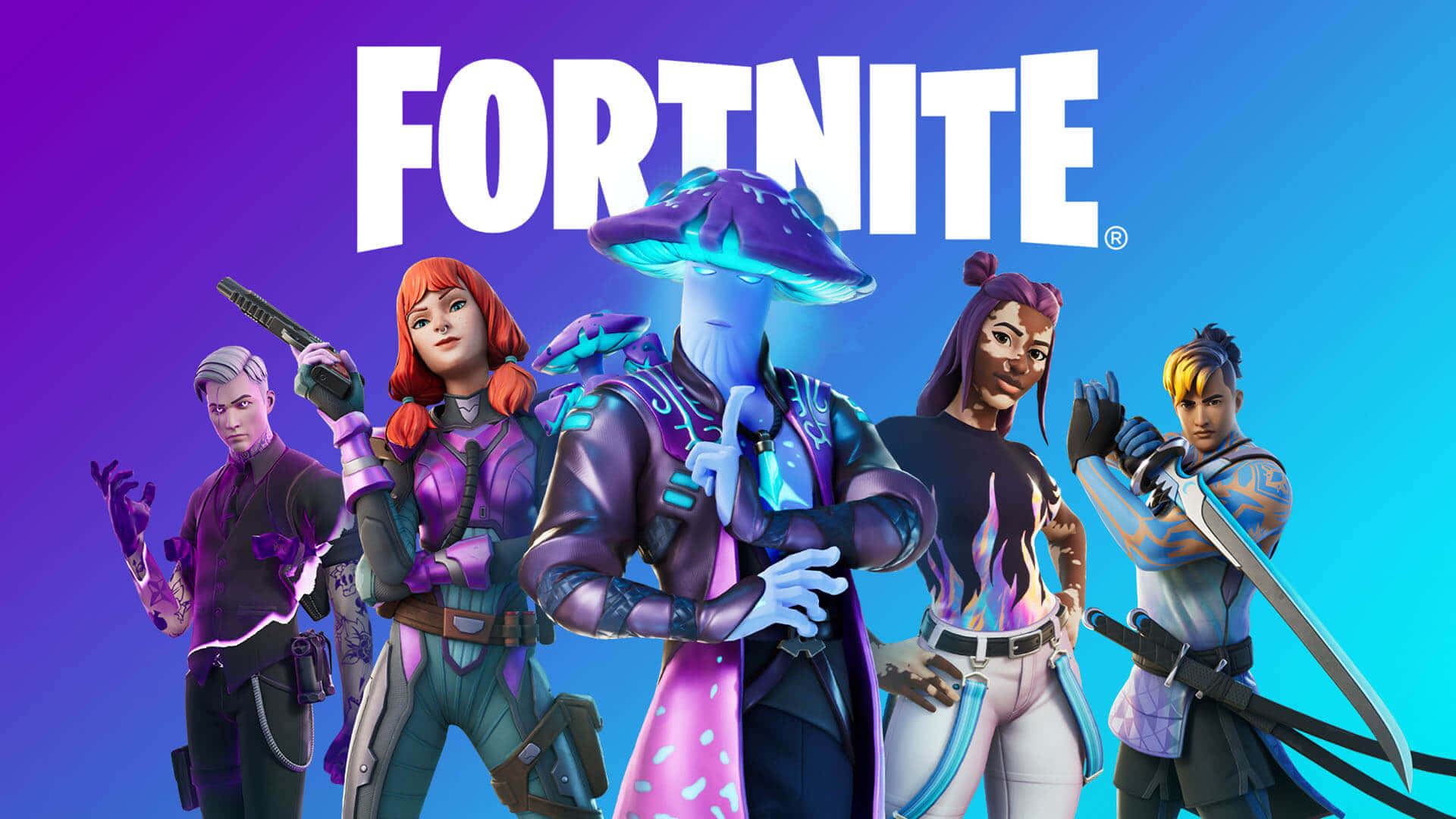Fortnite 桌布 壁紙 — 五個《要塞英雄》角色身穿發光紫色和藍色裝備，在紫色到藍色的漸變背景前自信地擺姿勢，背景中有遊戲標誌。