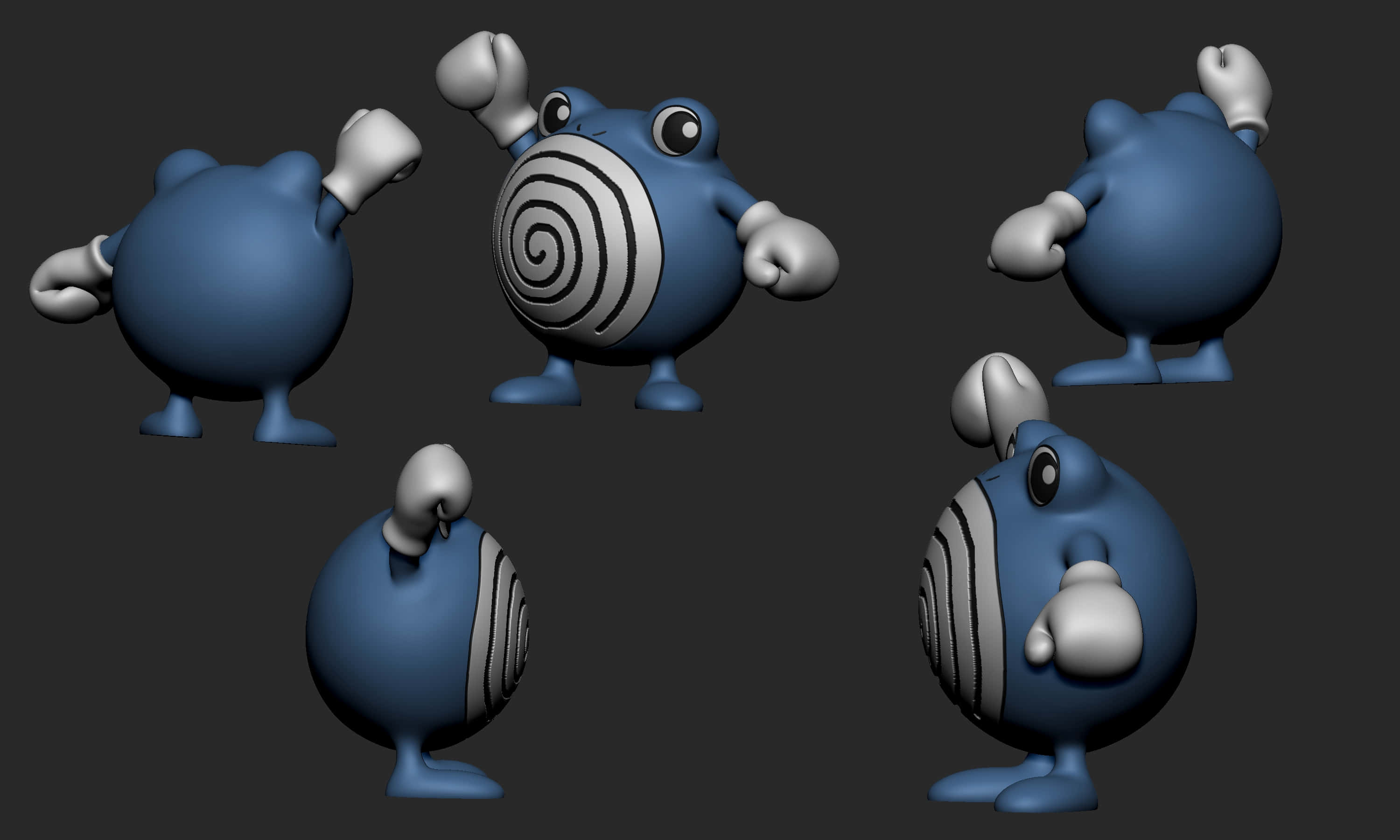 寶可夢 桌布 壁紙 — 五個3D渲染的藍色寶可夢 Poliwrath 模型從不同角度展示在深灰色背景上。