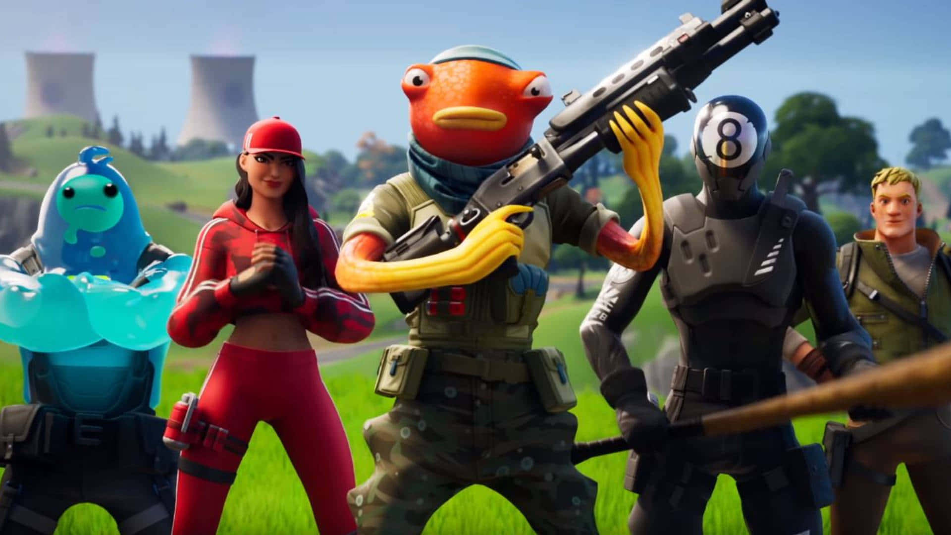 Fortnite Fishstick 桌布 壁紙 — 五個Fortnite角色，包括一個拿著步槍的魚人，站在草地上，背景有核電廠的冷卻塔。
