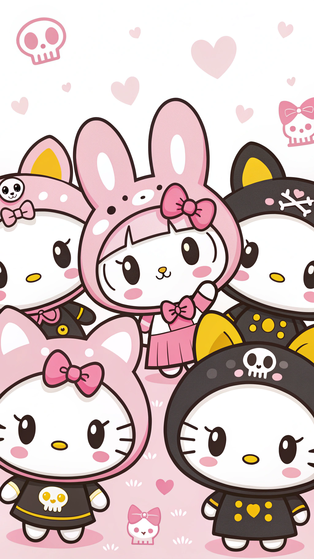 我的旋律 桌布 壁紙 — 五個Hello Kitty角色穿著粉紅色和黑色骷髏主題服裝，周圍漂浮著心形和骷髏，背景是柔和的粉紅色。