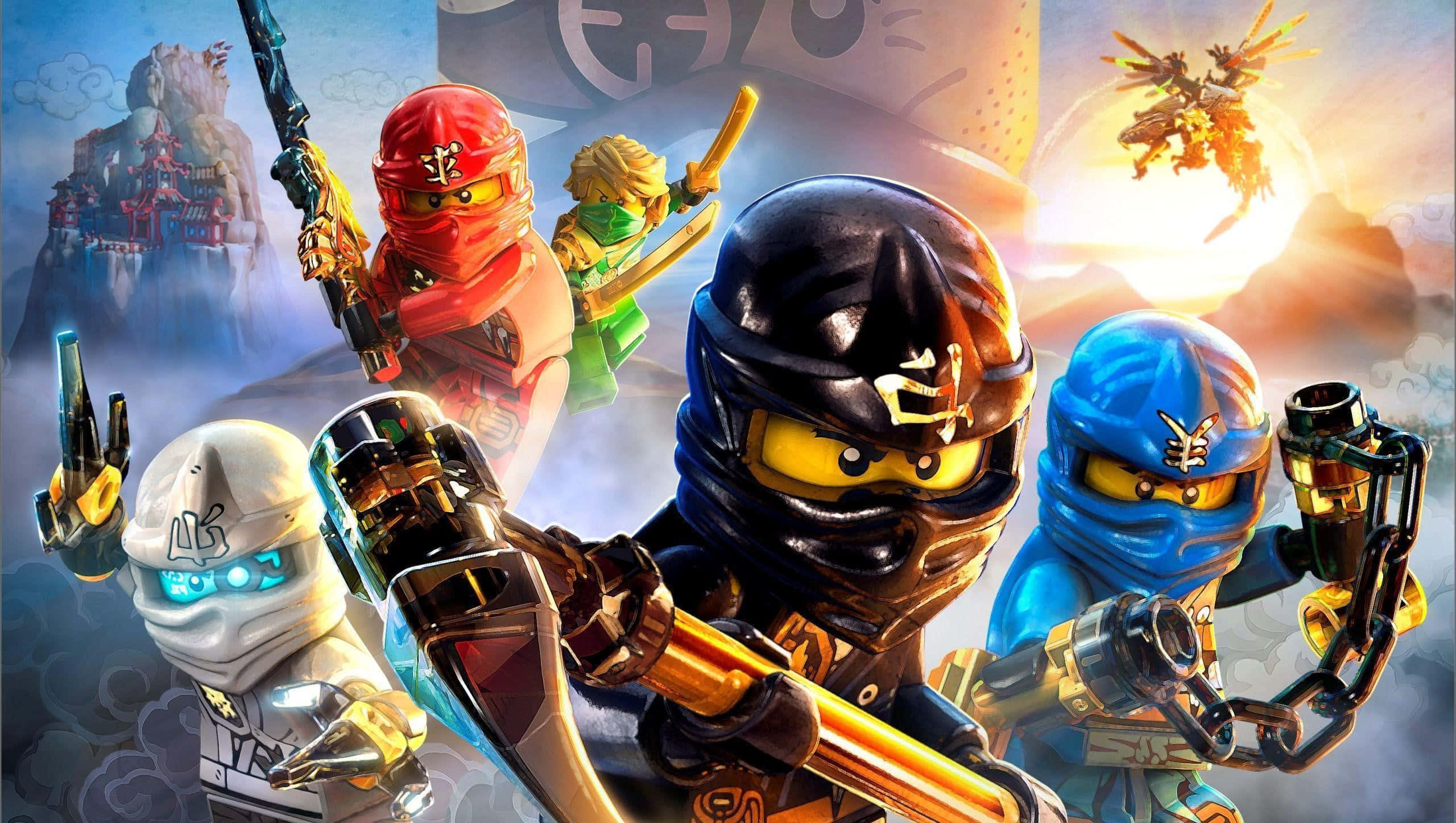 Ninjago 桌布 壁紙 — 五個LEGO Ninjago角色穿著色彩繽紛的忍者裝備，準備在火龍背景下戰鬥。