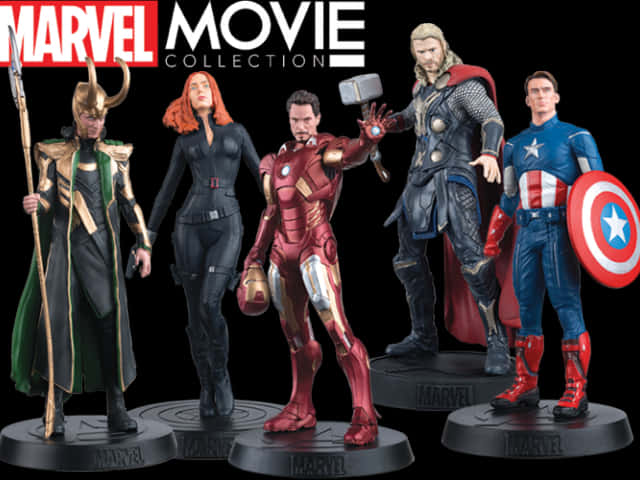 Toy 桌布 壁紙 — 五個Marvel動作人偶，包括Loki、Black Widow、Iron Man、Thor和Captain America，在黑色背景前擺姿勢。
