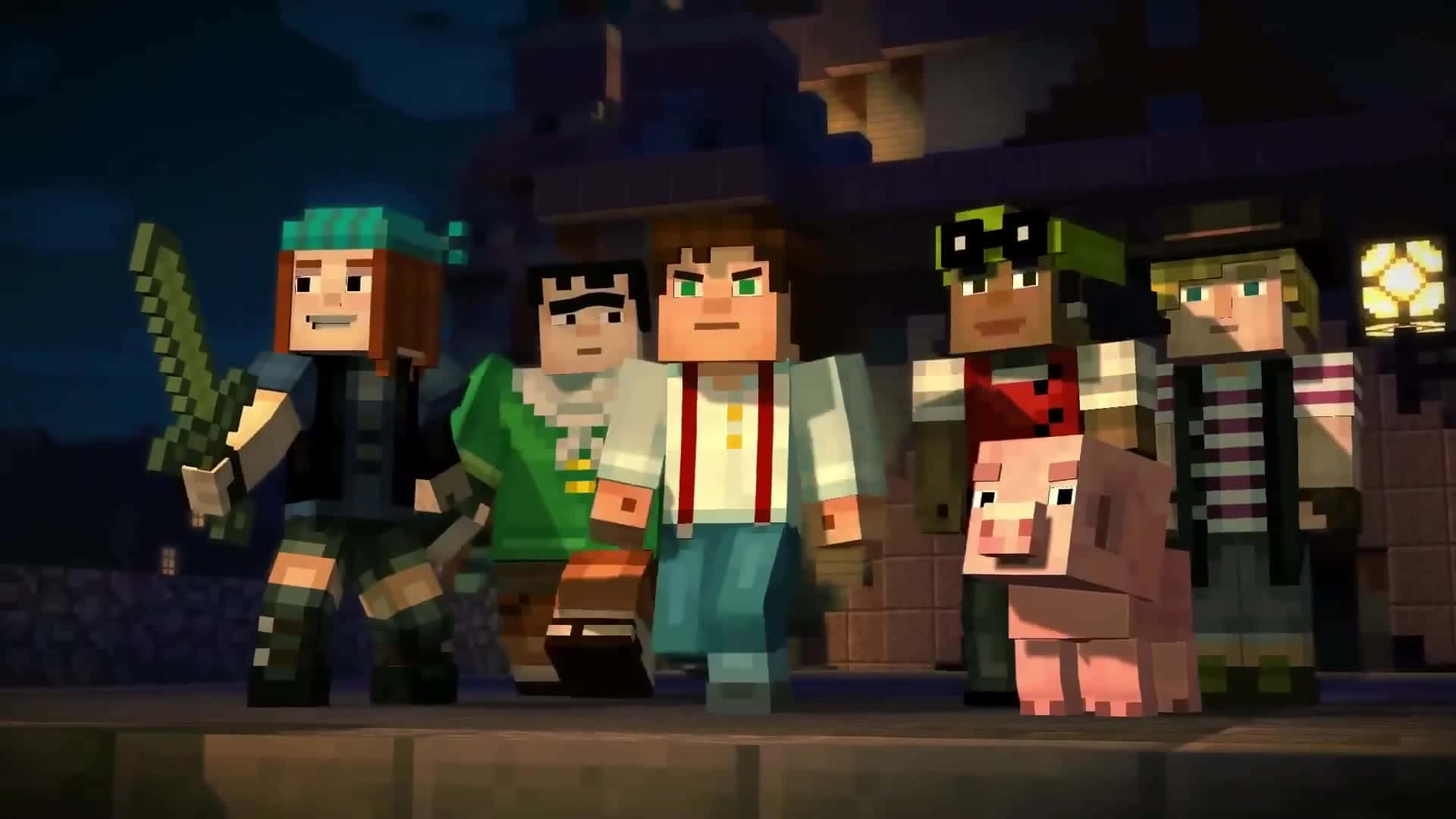 Minecraft Story Mode 桌布 壁紙 — 五個Minecraft角色和一隻豬在夜晚一同站在一個光線昏暗的石頭結構中。