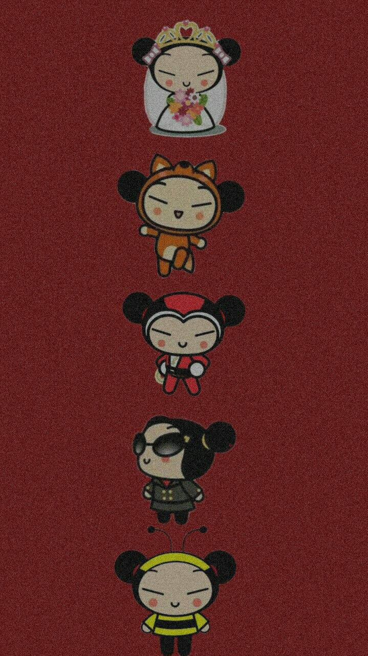 Pucca 桌布 壁紙 — 五個Q版Pucca角色穿著不同服裝垂直漂浮在帶有紋理的深紅色背景上。