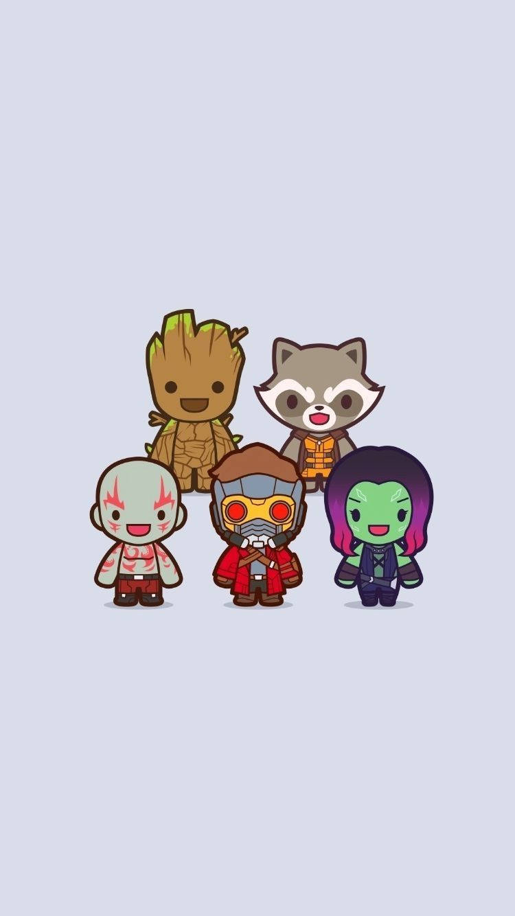 Cute Marvel 桌布 壁紙 — 五個Q版星際異攻隊角色在柔和的薰衣草背景前開心地微笑。