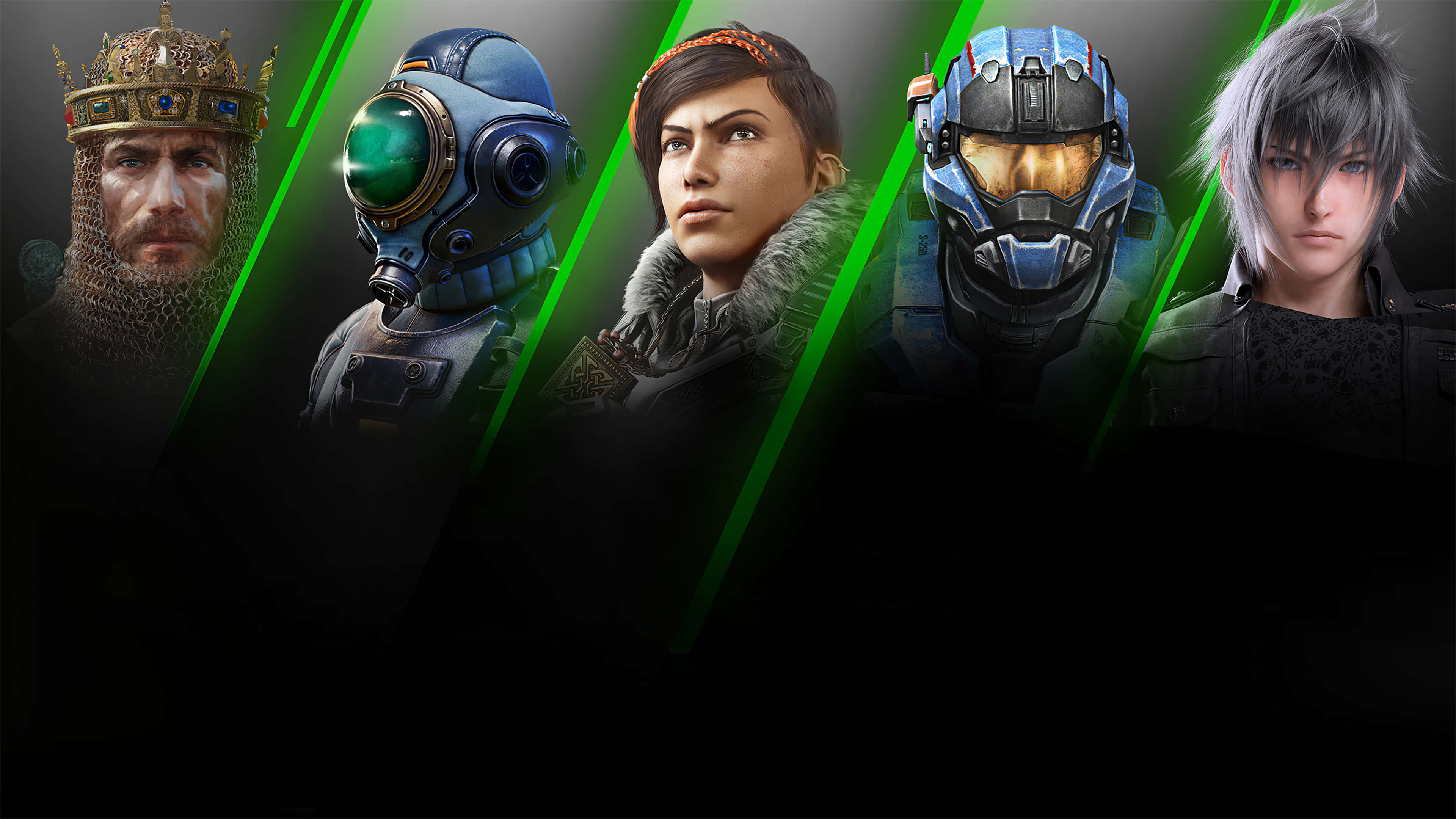 Xbox 桌布 壁紙 — 五個不同的電子遊戲角色，在深色背景上帶有發光的綠色對角線。