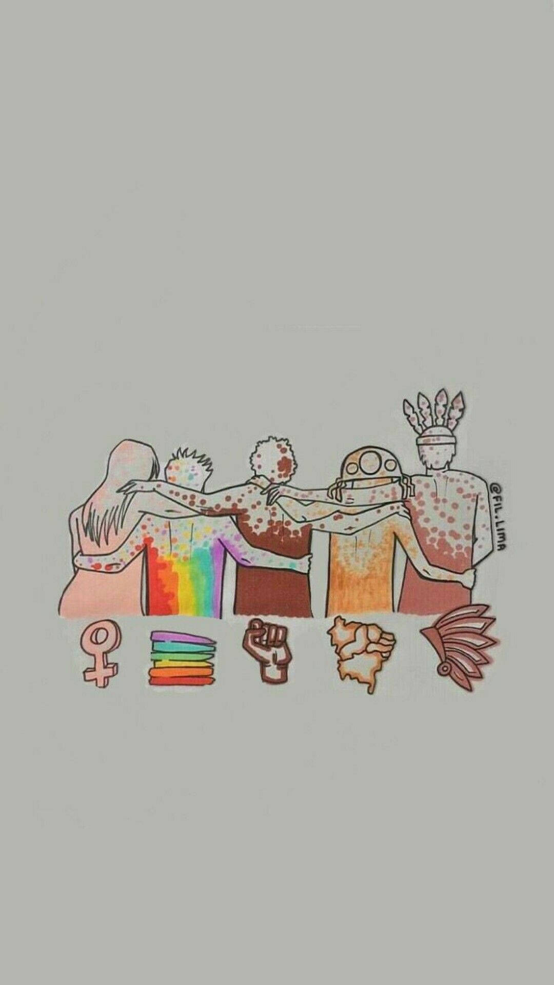LGBT 桌布 壁紙 — 五個不同膚色圖案的人物插圖在純灰色背景前手牽手團結一致，下方有符號。