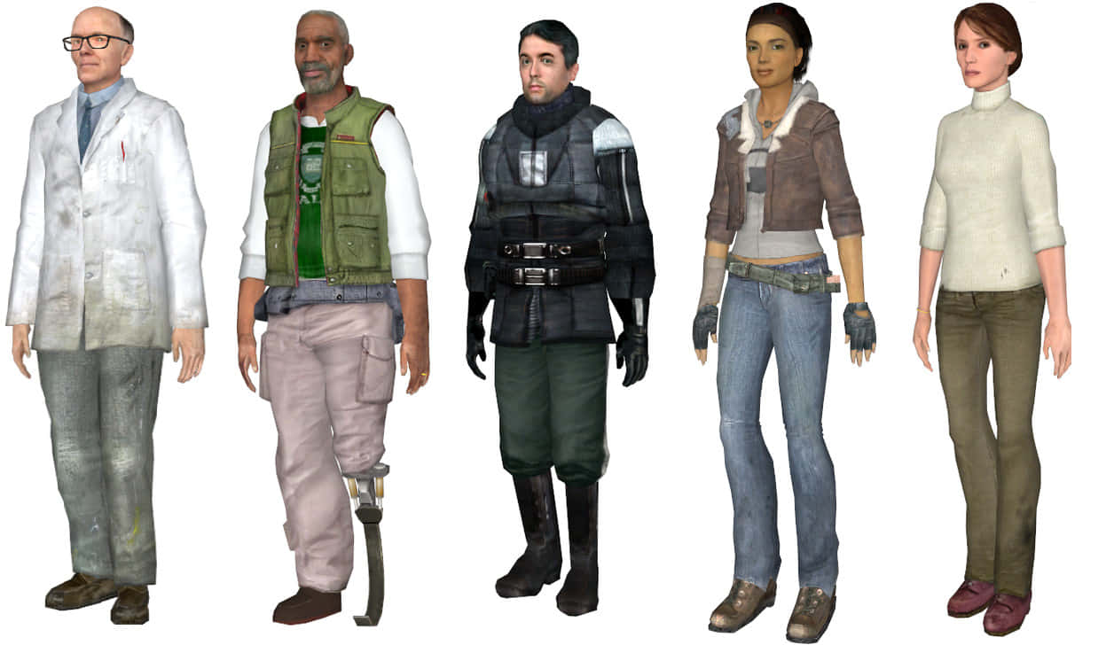 Half-life Characters 桌布 壁紙 — 五個不同角色穿著多樣服裝，在純白背景前站成一排。
