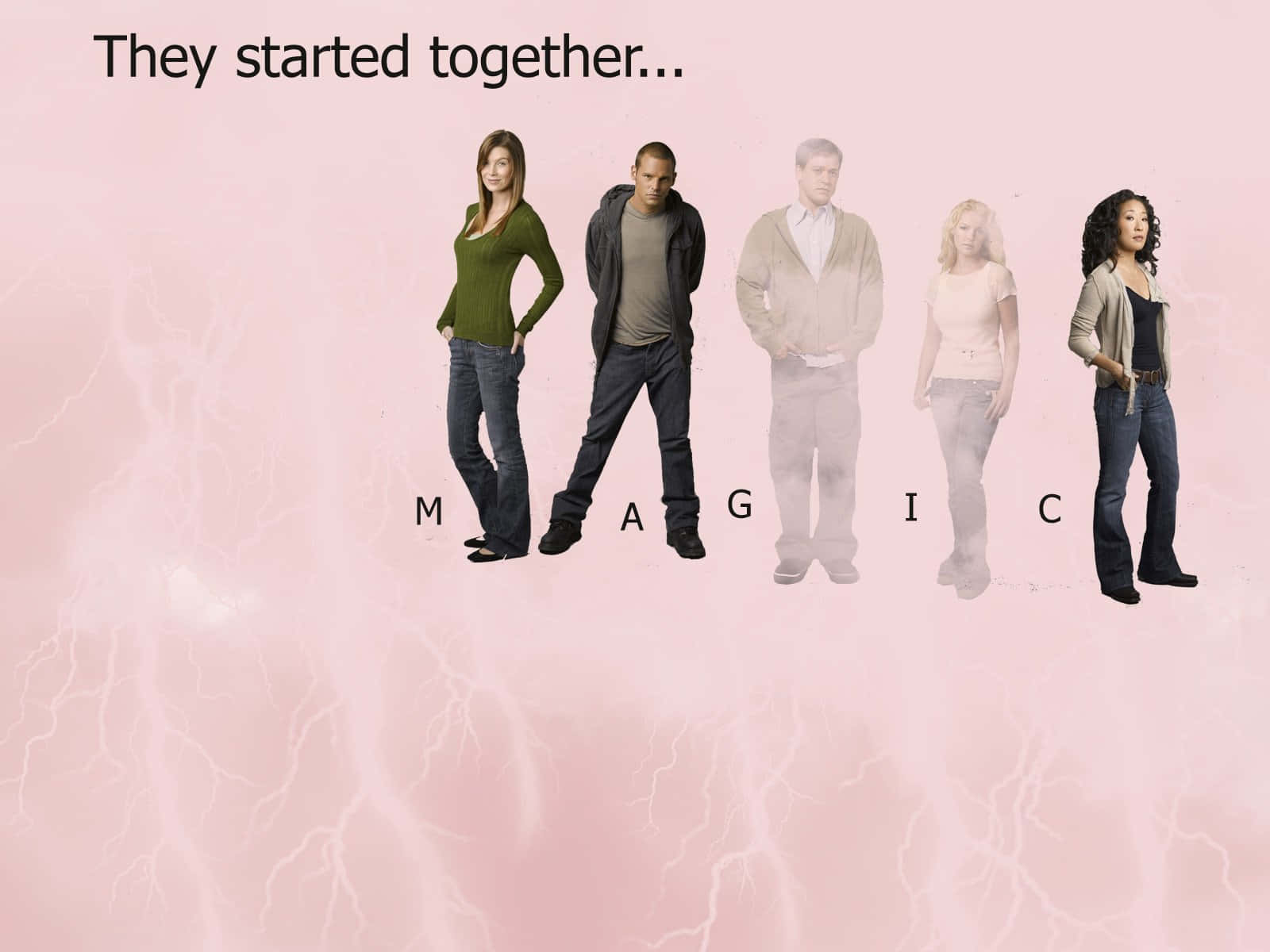 Grey's Anatomy 桌布 壁紙 — 五個人站成一排，背景是粉紅色，閃電在他們下方形成 magic 這個詞。