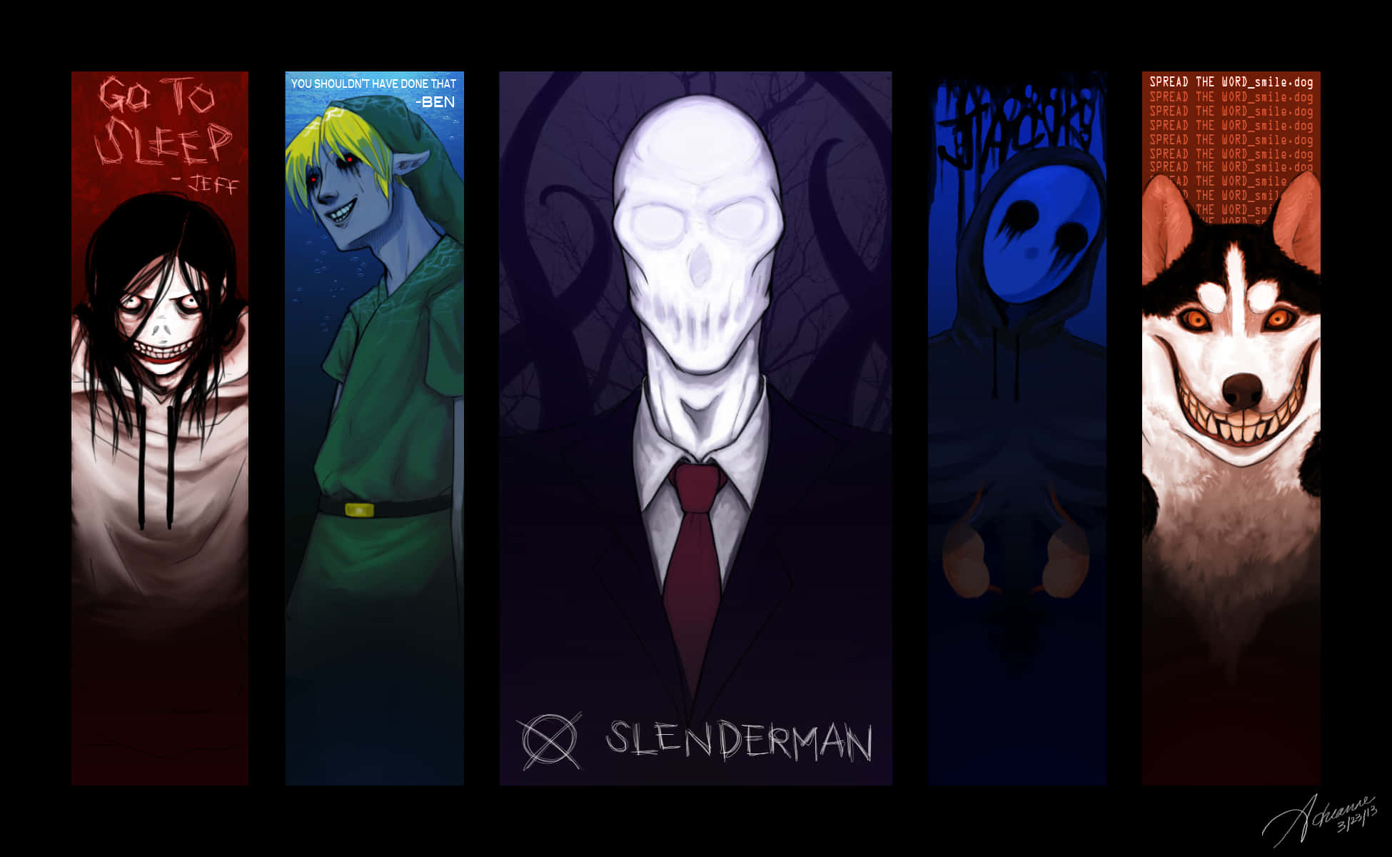 Jeff The Killer 桌布 壁紙 — 五個令人毛骨悚然的恐怖角色，以垂直面板呈現，背景陰暗，表情令人不安。