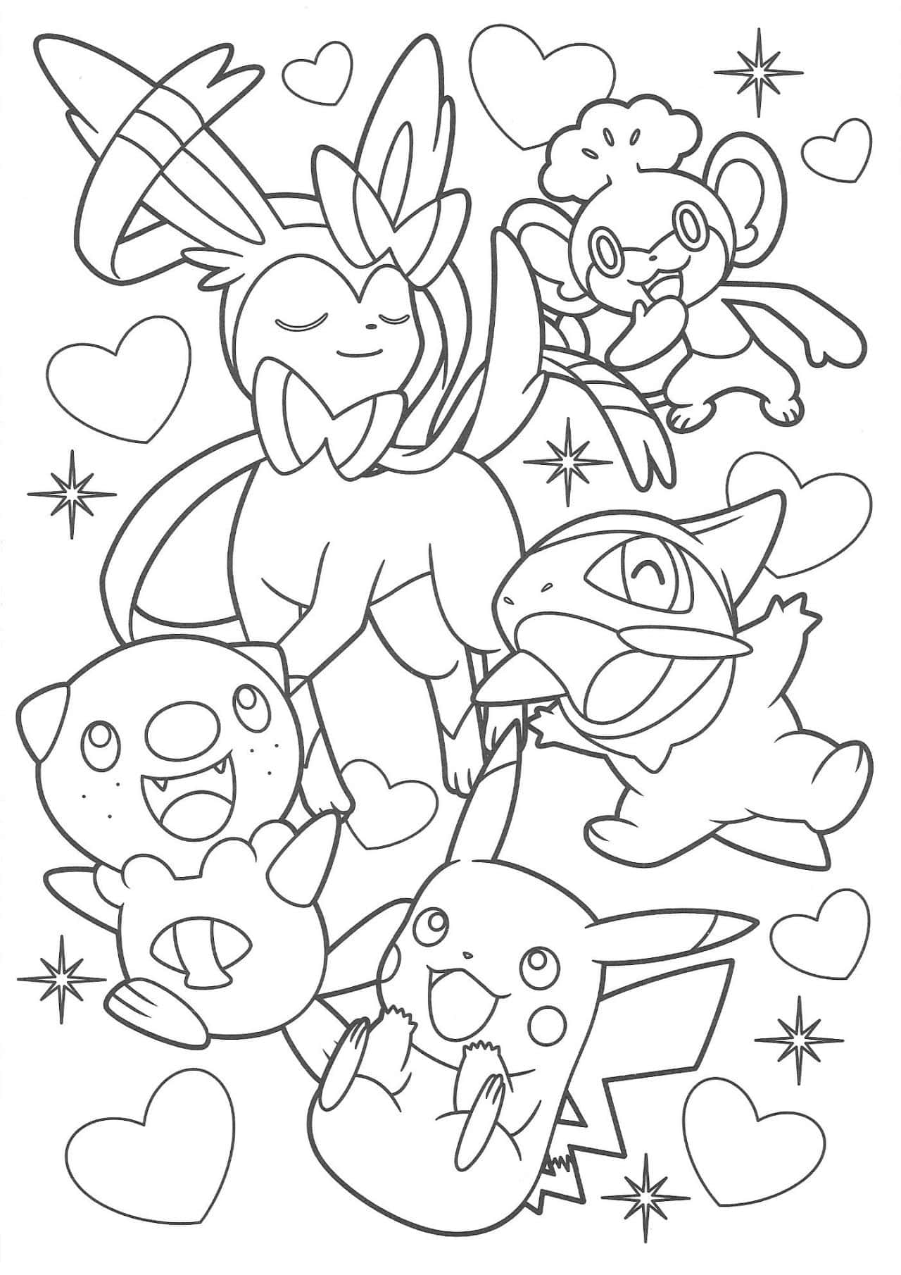 Pokemon Coloring 桌布 壁紙 — 五個以黑白勾勒的開心寶可夢角色，周圍環繞著愛心和星星。