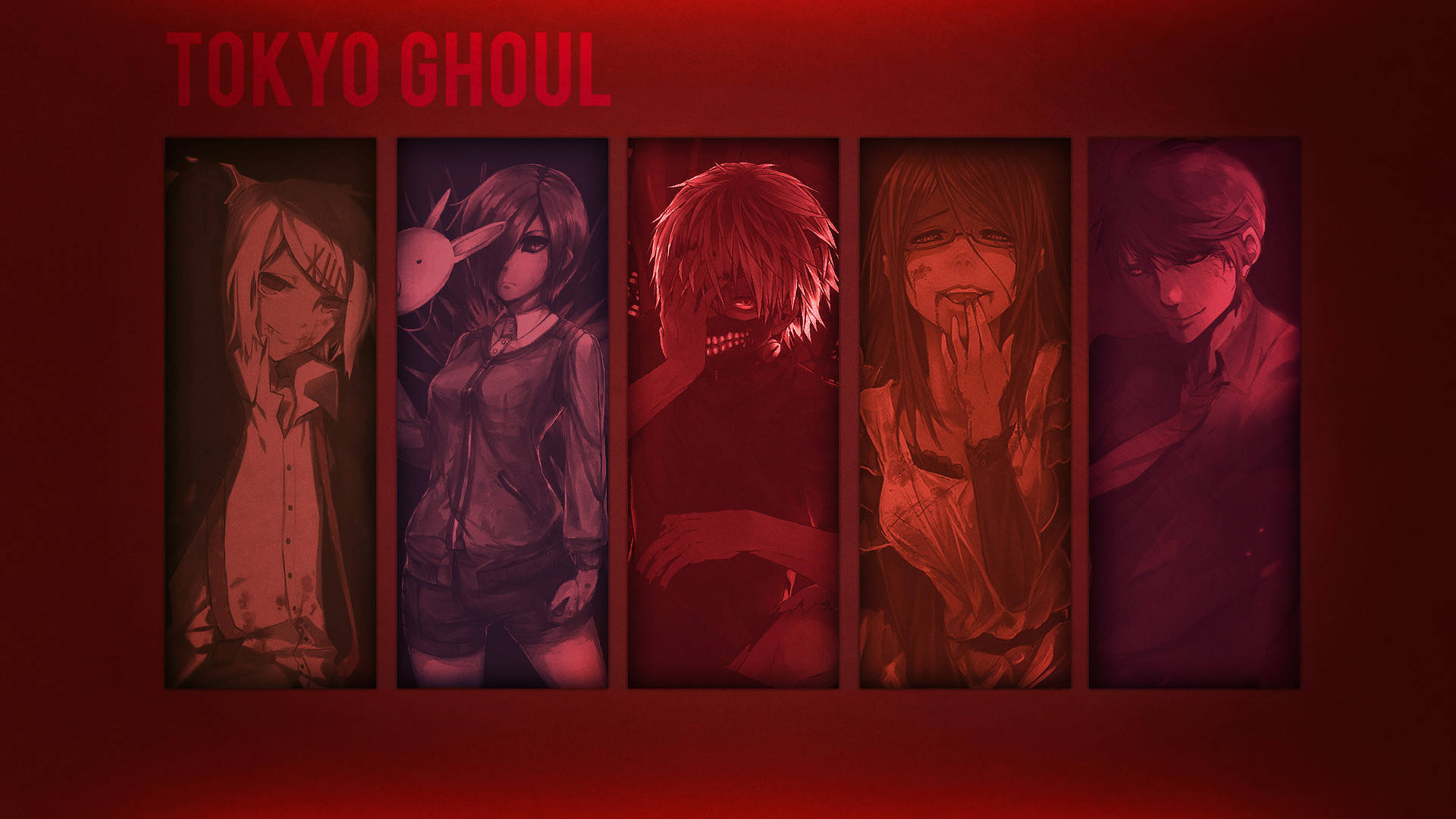 Juuzou Tokyo Ghoul 4K 桌布 壁紙 — 五個來自《東京喰種》的動漫角色站在垂直面板上，背景為深紅色，每個角色都有獨特的表情和服裝。