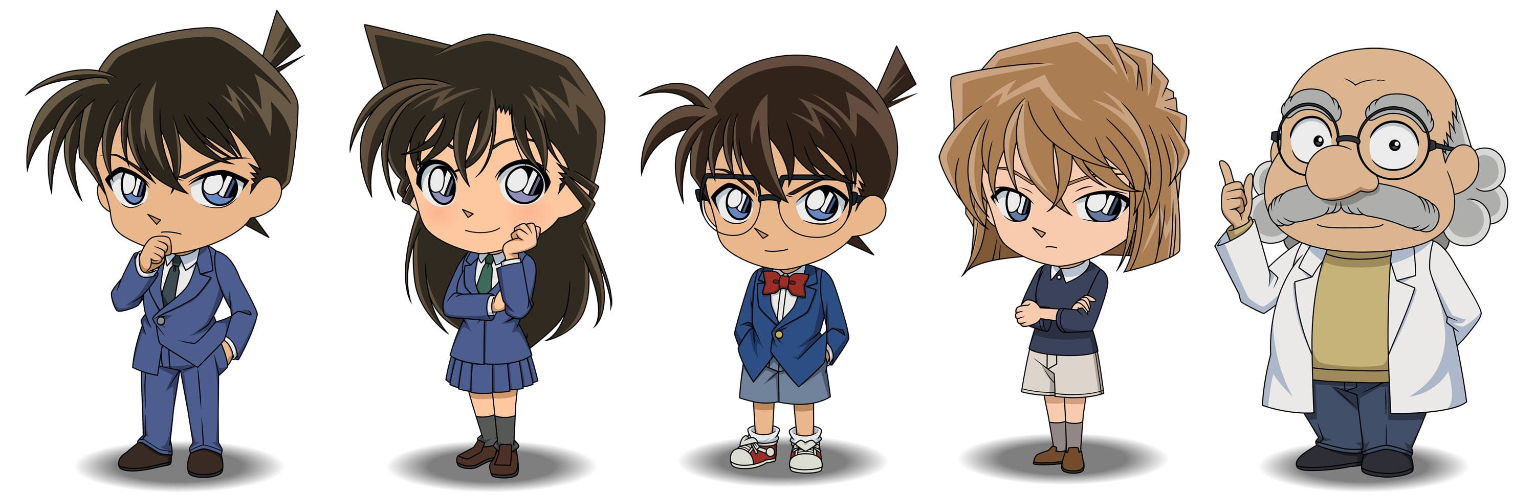 conan 桌布 壁紙 — 五個來自名偵探柯南的Q版動畫角色排成一排，背景為純白色。