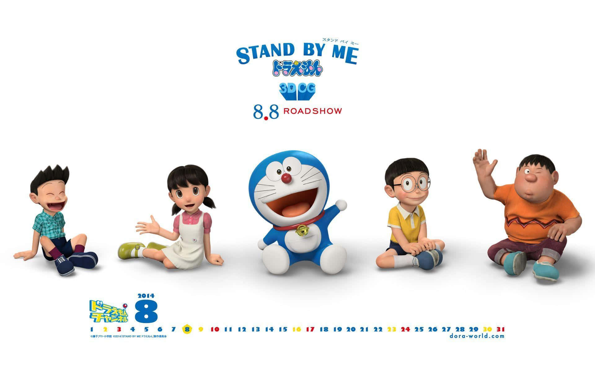 Doraemon 桌布 壁紙 — 五個來自哆啦A夢的動畫角色在純白色背景上一起微笑坐著，並附有電影上映文字。