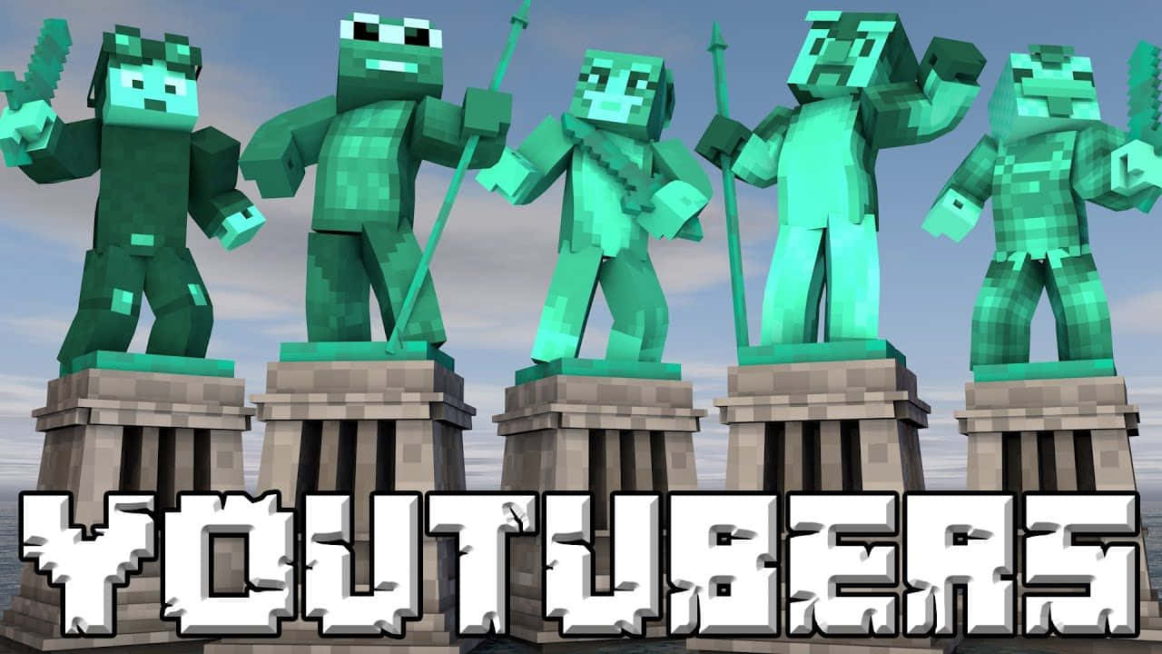 Minecraft Youtubers 桌布 壁紙 — 五個像素化綠色殭屍雕像矗立在石製底座上，下方有「YOUTUBERS」文字。