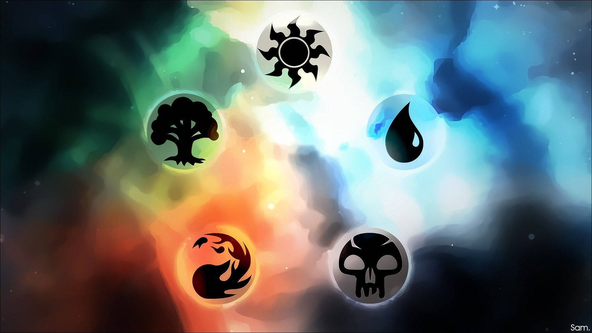 魔法風雲會 桌布 壁紙 — 五個元素符號在色彩繽紛的星雲中發光，背景是宇宙。