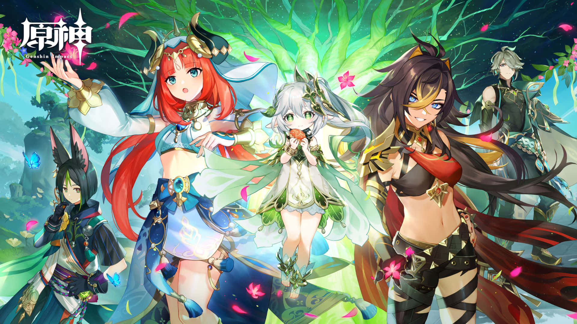 Genshin Impact Characters 桌布 壁紙 — 五個充滿活力的動漫角色，穿著獨特的服裝和動物耳朵，站在發光的綠色樹葉和漂浮的粉紅色花瓣中，在星空下。