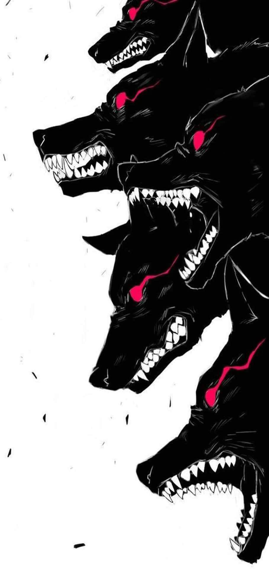 Angry Wolf 桌布 壁紙 — 五個兇猛的黑狼頭，有著發光的紅眼睛和鋒利的牙齒，在純白色背景上咆哮。