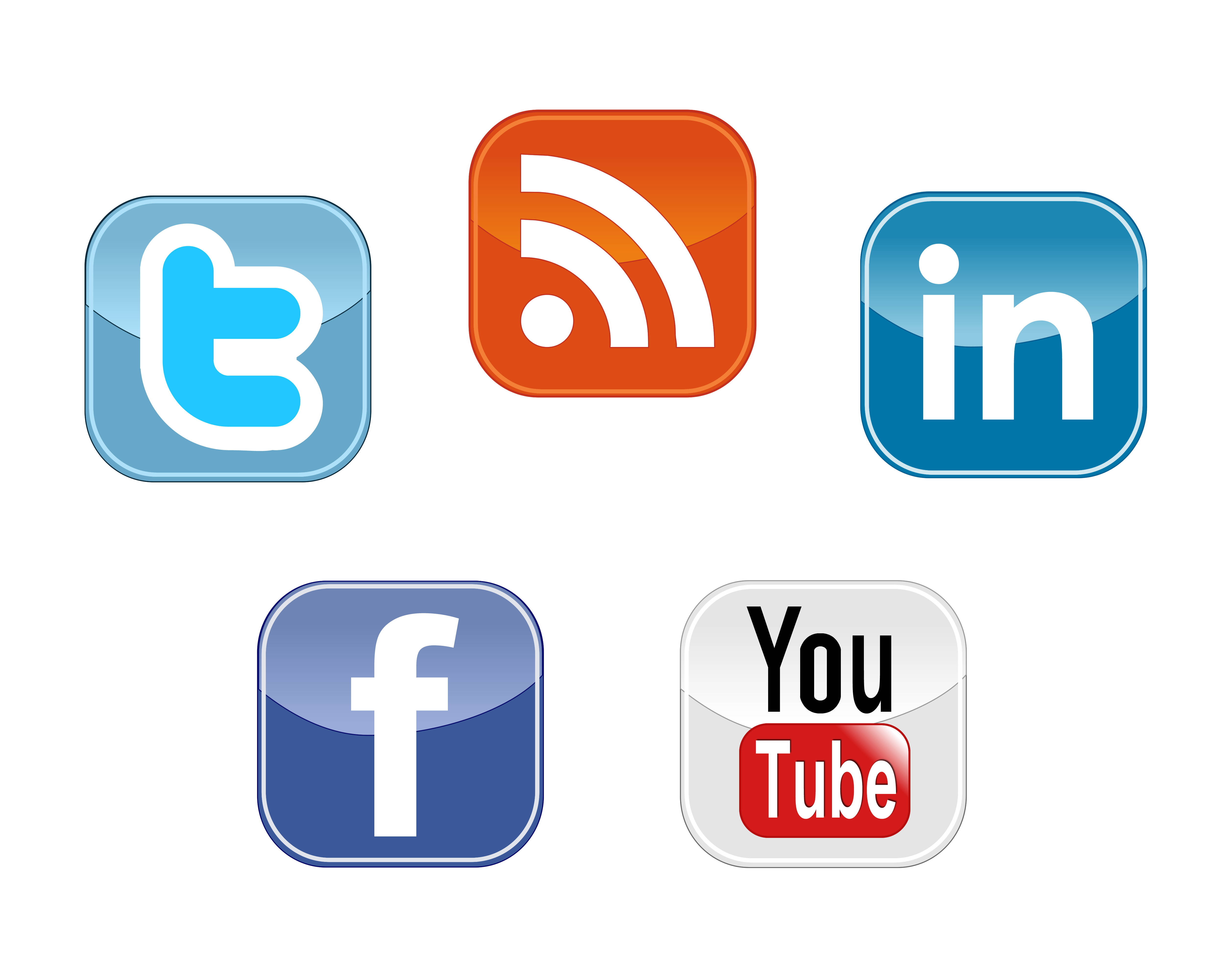 標誌 桌布 壁紙 — 五個光澤社交媒體圖示，包括 Twitter、Facebook、LinkedIn、YouTube 和 RSS，排列在純白色背景上。