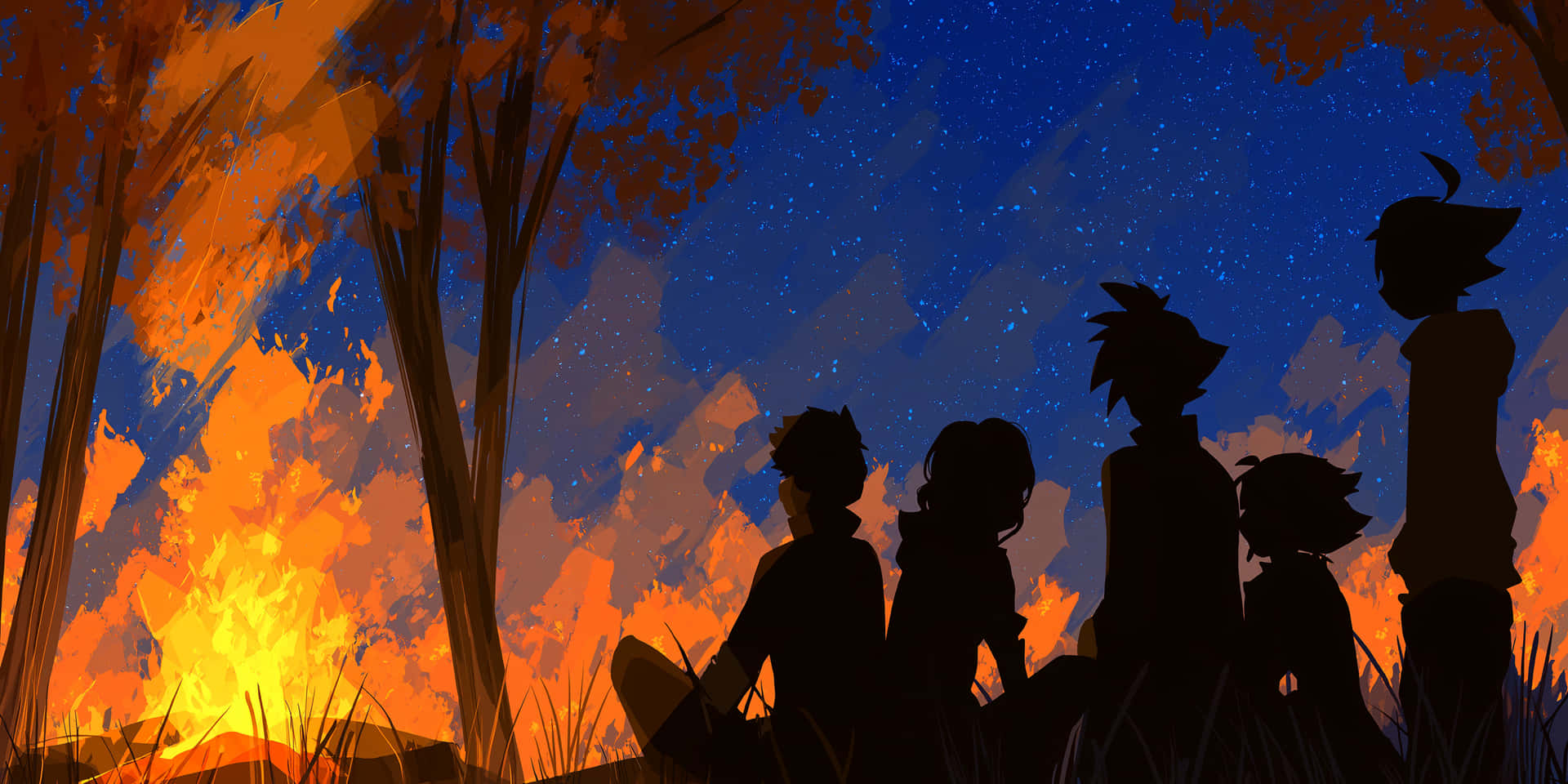 Anime Campfire Sunset 壁紙 — 五個剪影人物坐在熊熊營火周圍，背景是秋樹環繞的星空夜空。