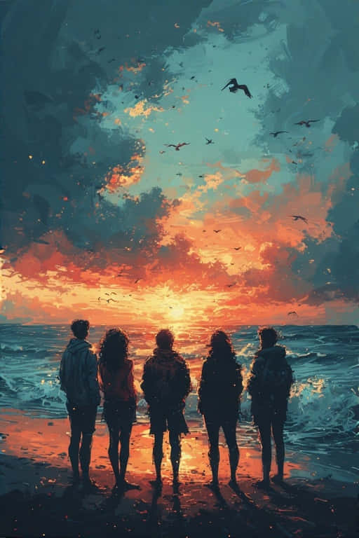 Sunset Bonds Friends by the Shore 4K 壁紙 — 五個剪影朋友站在沙灘上觀看火熱的日落，鳥兒在色彩繽紛的天空中翱翔。