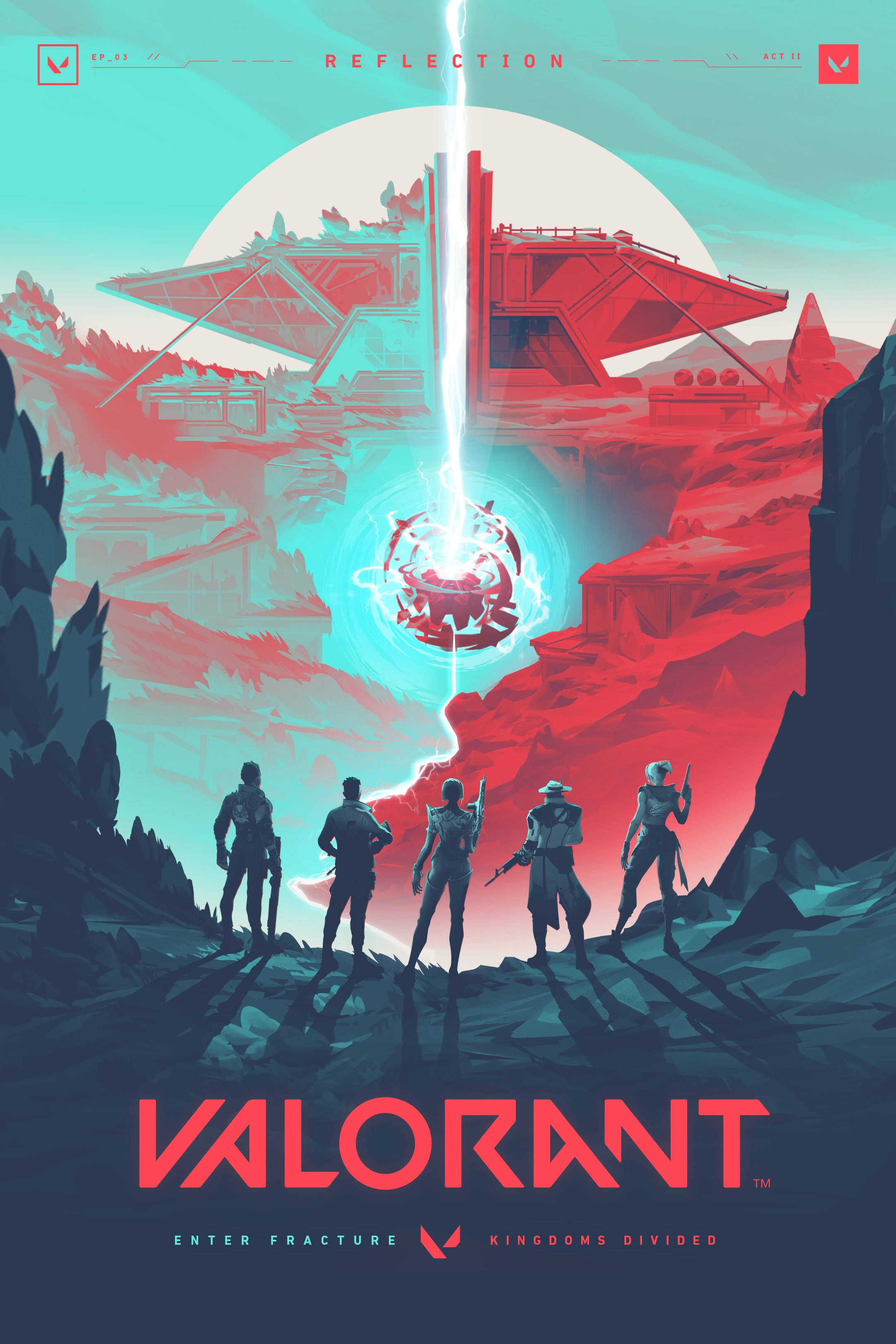 Valorant iPhone 壁紙 桌布 壁紙 — 五個剪影特工站在一個破碎的外星景觀中，面對一道發光的裂縫，天空是超現實的紅色和藍綠色。