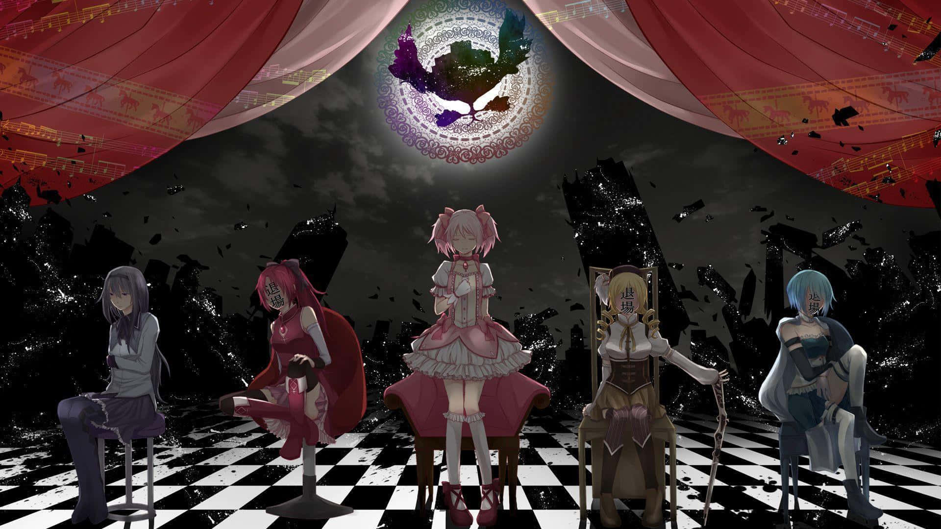 Madoka Magica 桌布 壁紙 — 五個動漫女孩坐在方格地板上的凳子上，下方是紅色窗簾和發光的神秘符號。