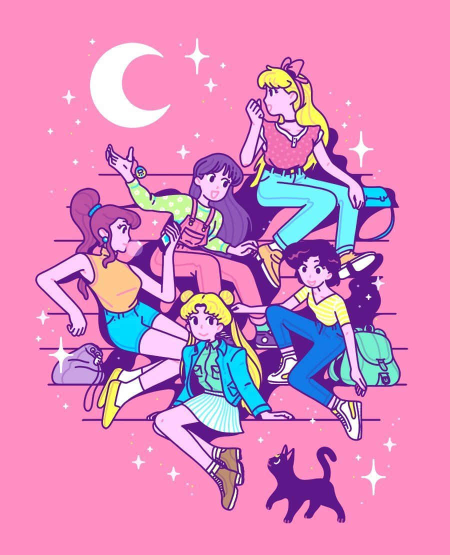 Aesthetic Sailor Moon 桌布 壁紙 — 五個動漫女孩穿著復古服裝，在粉紅色天空下以新月和星星為背景俏皮地擺姿勢。