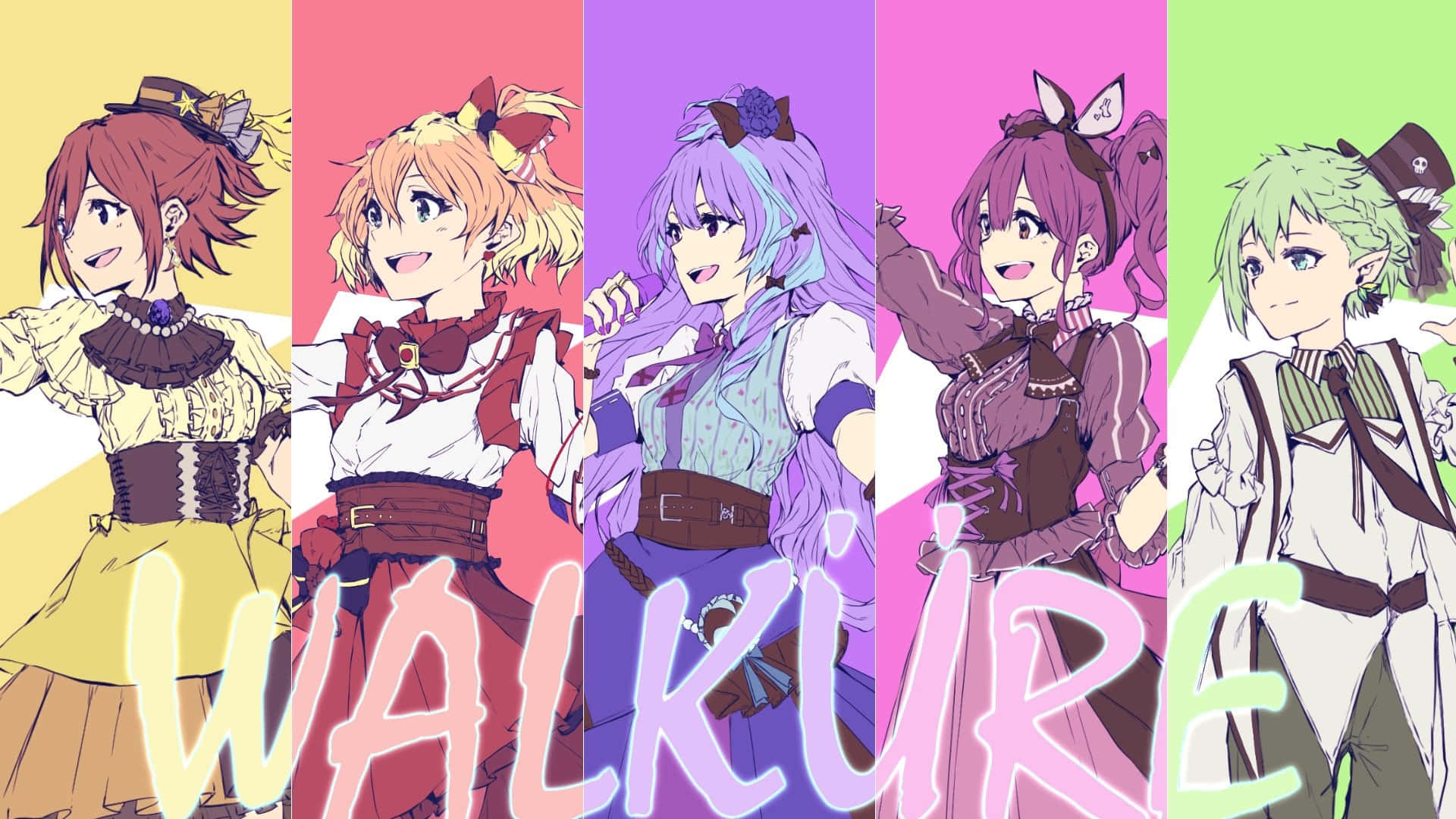 Macross 桌布 壁紙 — 五個動漫女孩穿著色彩繽紛的服裝，站在鮮豔的垂直背景前，下方有WALKURE字樣。