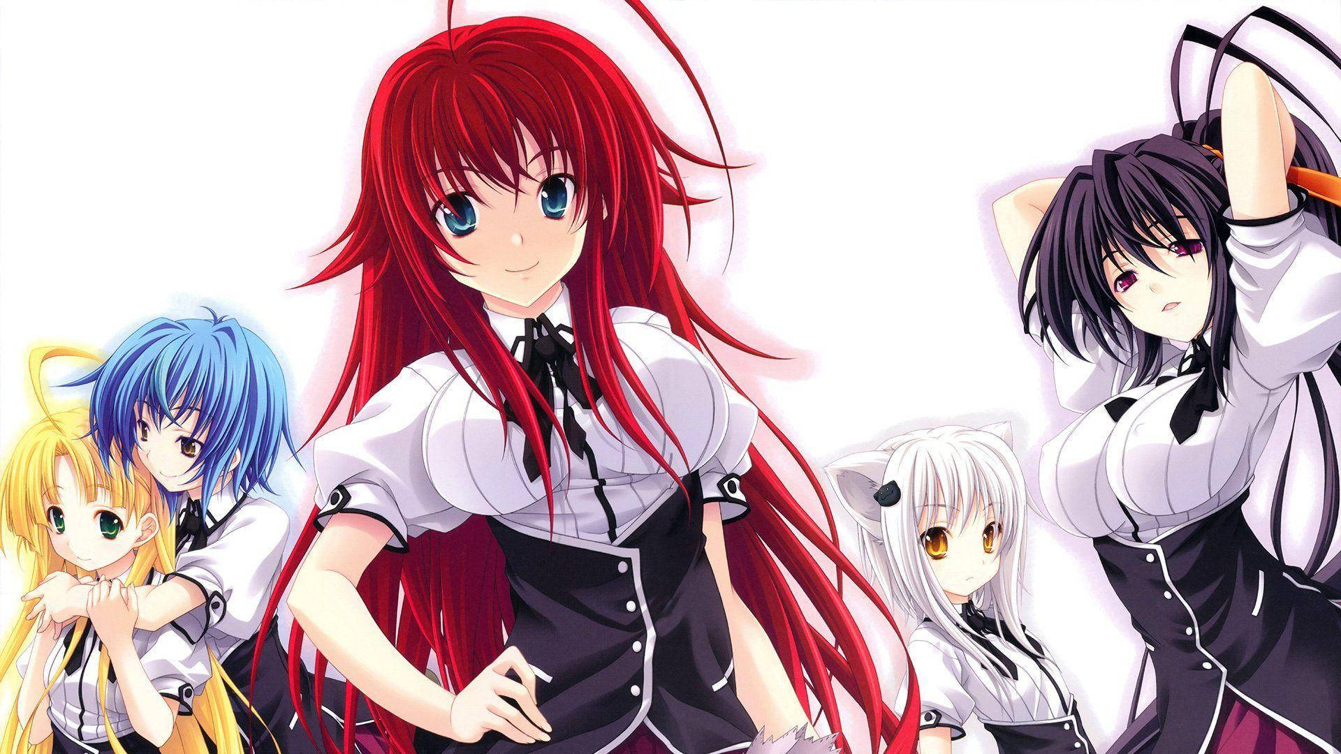 Dxd 桌布 壁紙 — 五個動漫女學生穿著校服，以鮮豔的髮色在明亮的白色背景前擺姿勢。