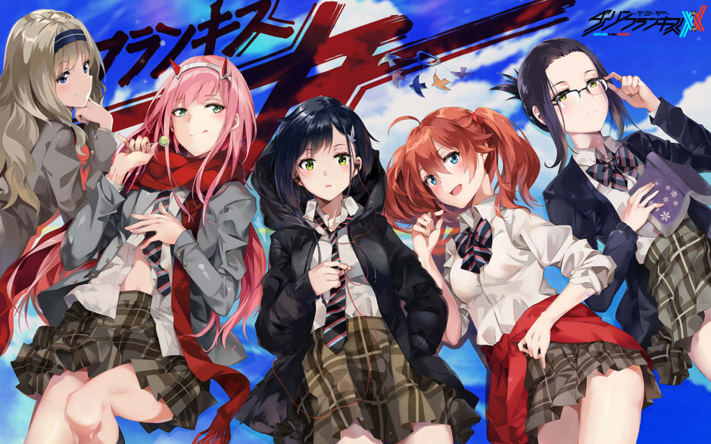 DARLING in the FRANXX 桌布 壁紙 — 五個動漫女學生穿著校服，在充滿活力的藍天下以紅色風格文字動態擺姿勢。