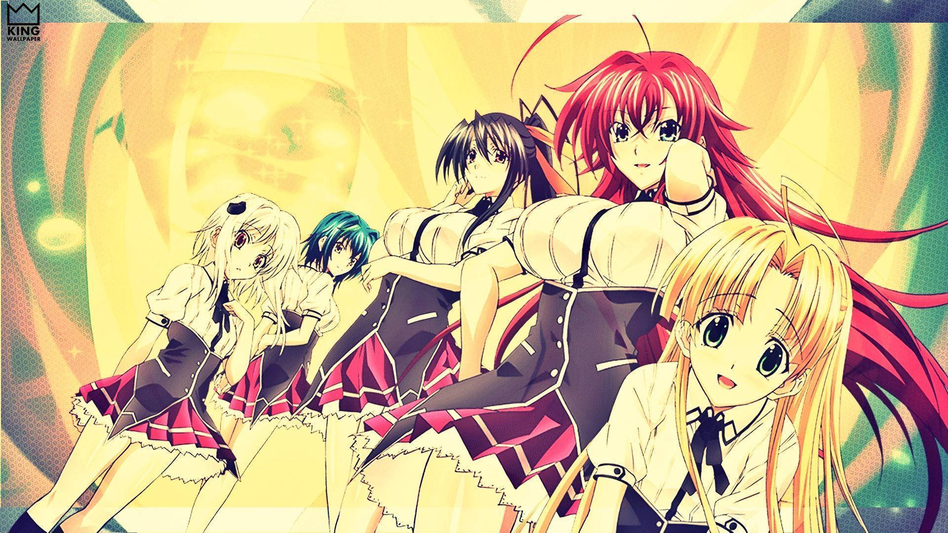 Dxd 桌布 壁紙 — 五個動漫女學生穿著校服，在發光的黃色和綠色抽象背景前動態擺姿勢。