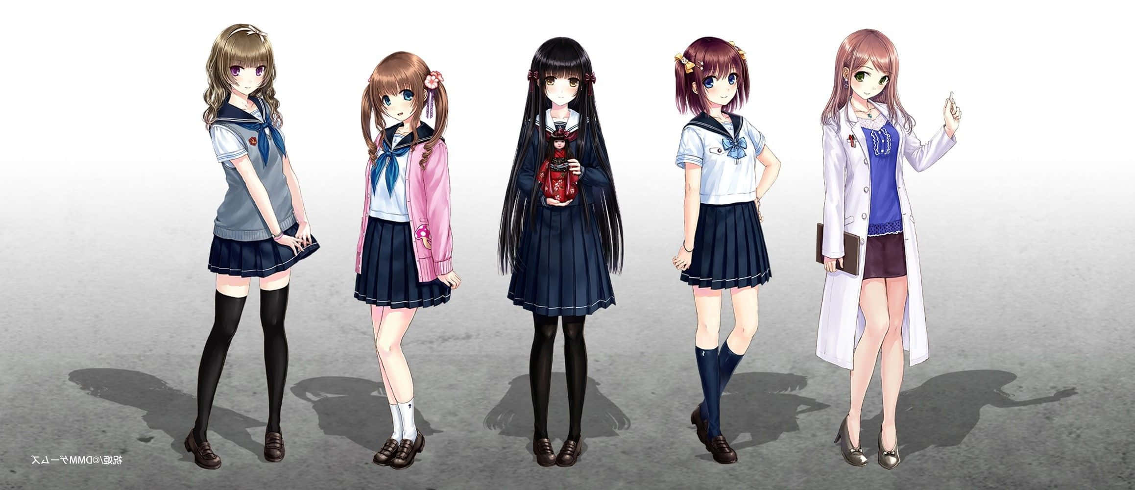 動漫 桌布 壁紙 — 五個動漫女學生穿著校服，在純灰色地板上排成一排，投下柔和的陰影。