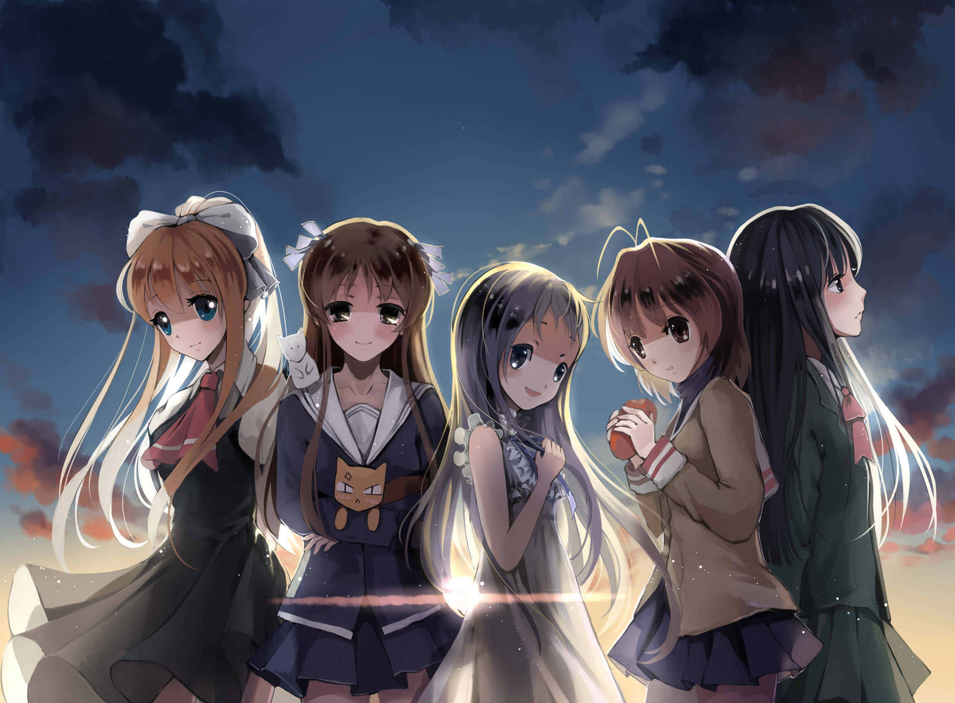 Anohana 桌布 壁紙 — 五個動漫女學生穿著校服，在黃昏的天空下站在一起，天空有柔軟的雲朵和溫暖的光線。