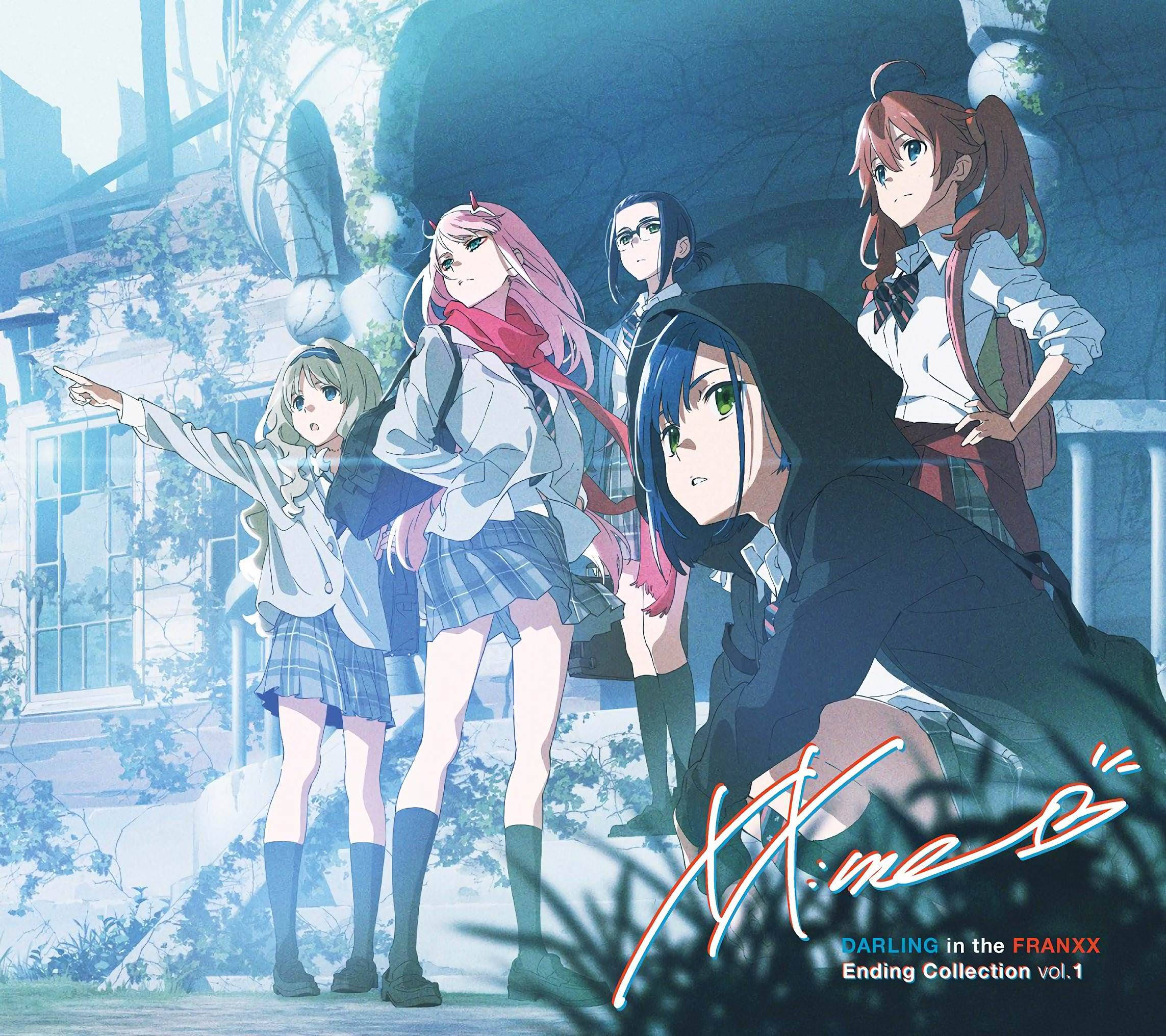 DARLING in the FRANXX 桌布 壁紙 — 五個動漫女學生穿著校服，站在長滿植物的廢墟中，沐浴在清涼的藍色暮光下。