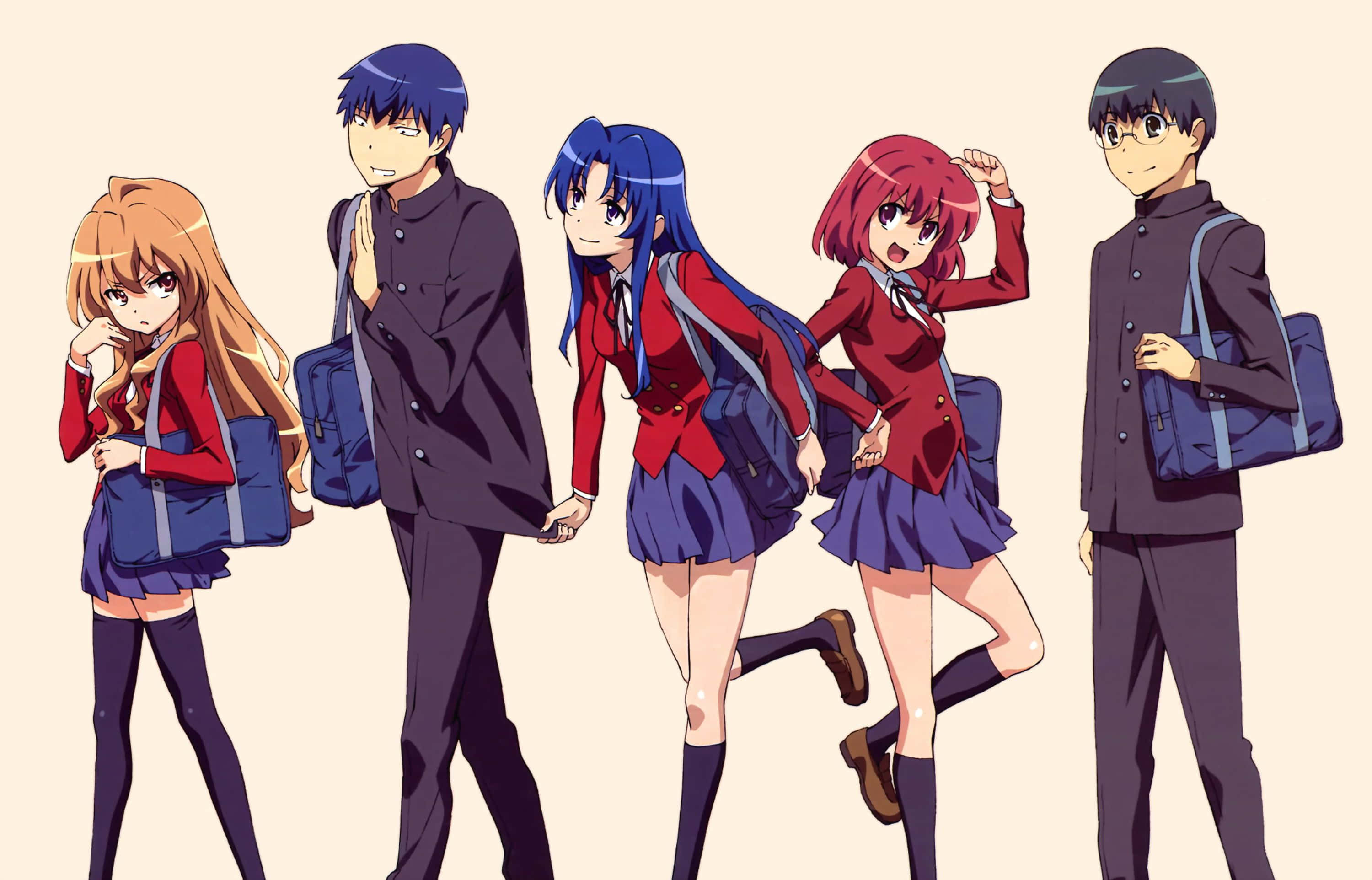 Toradora 桌布 壁紙 — 五個動漫學生穿著校服，背著背包，在純米色背景前一起行走。