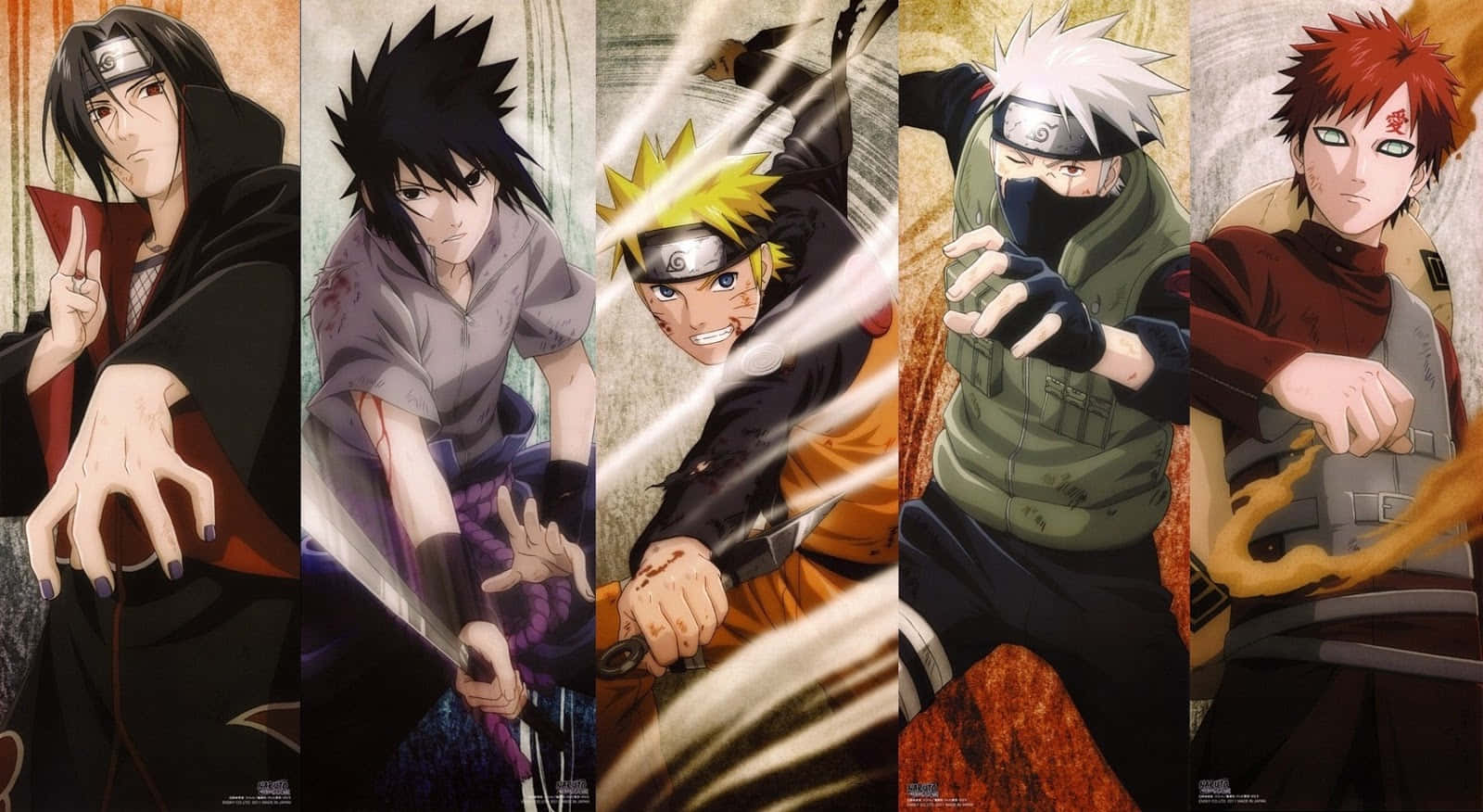 Gaara Naruto Anime 桌布 壁紙 — 五個動漫忍者角色以動態戰鬥姿勢呈現，帶有能量效果和強烈表情。