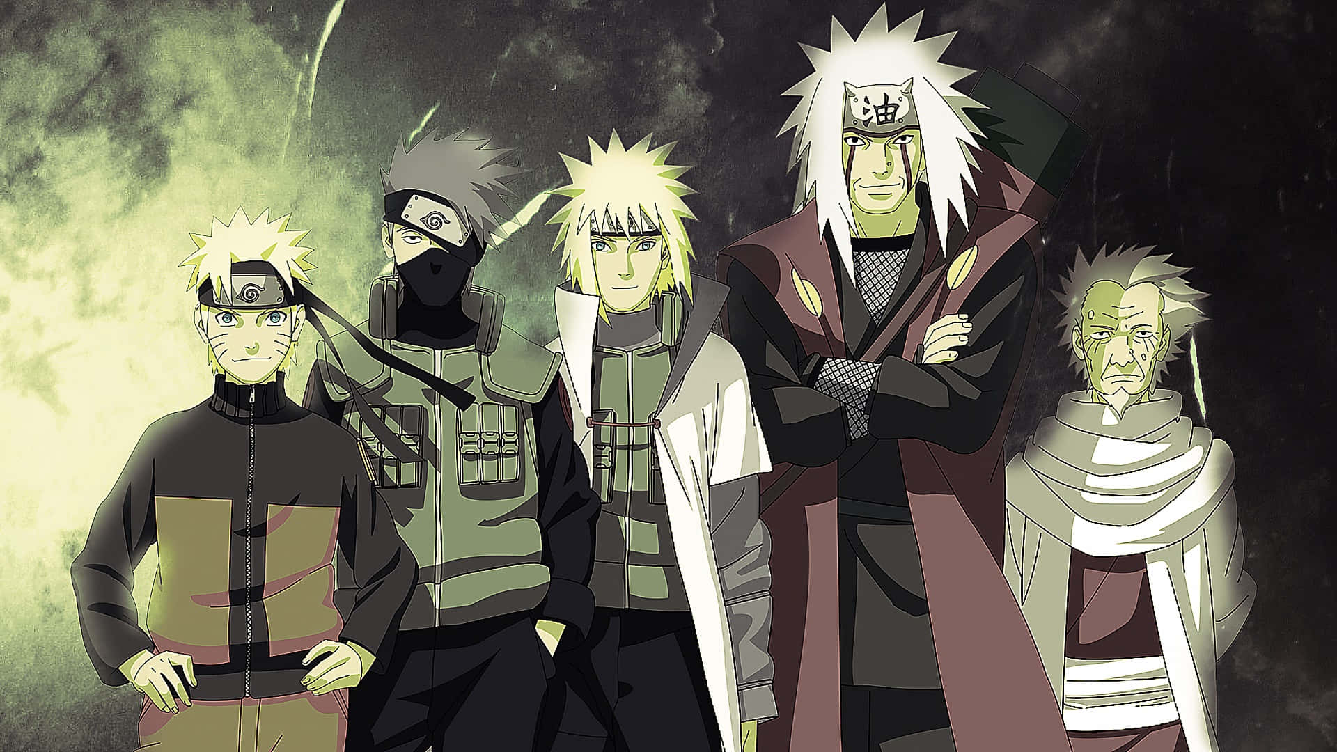 Hiruzen Sarutobi 桌布 壁紙 — 五個動漫忍者角色以戲劇性的排列站在煙霧繚繞的綠色和黑色背景前。