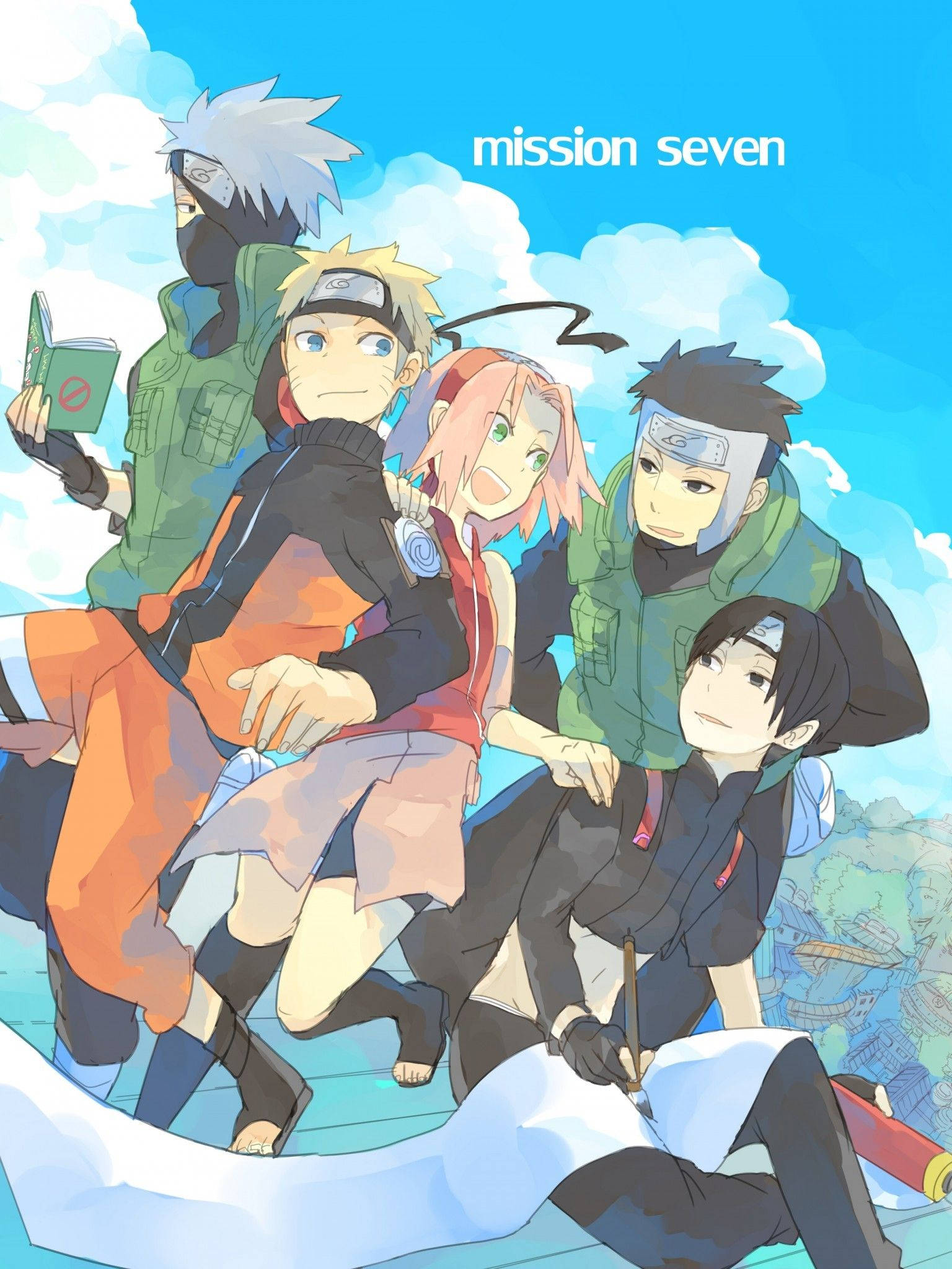 Naruto Anime 桌布 壁紙 — 五個動漫忍者角色在藍天白雲和遠處村莊的背景下動態擺姿勢。
