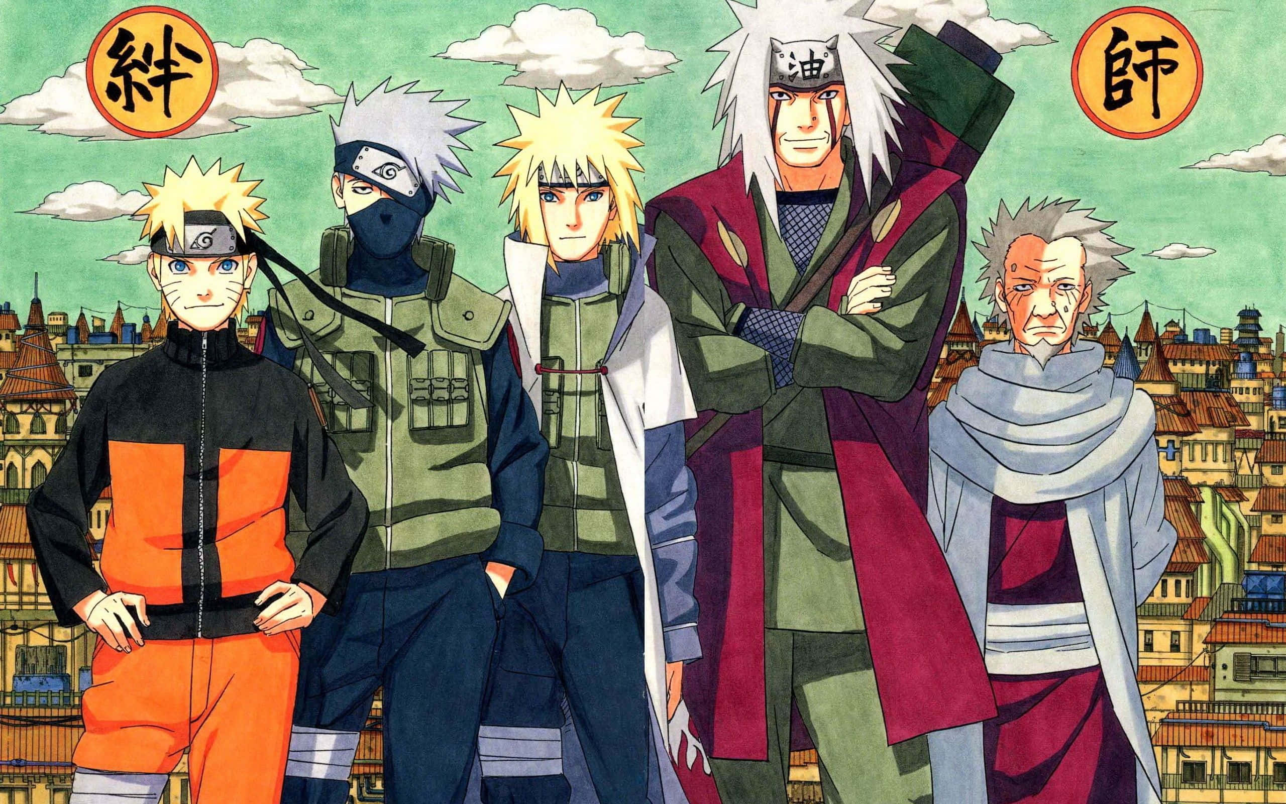 Naruto Manga 桌布 壁紙 — 五個動漫忍者角色自信地站在一個詳細的村莊背景前，天空多雲。