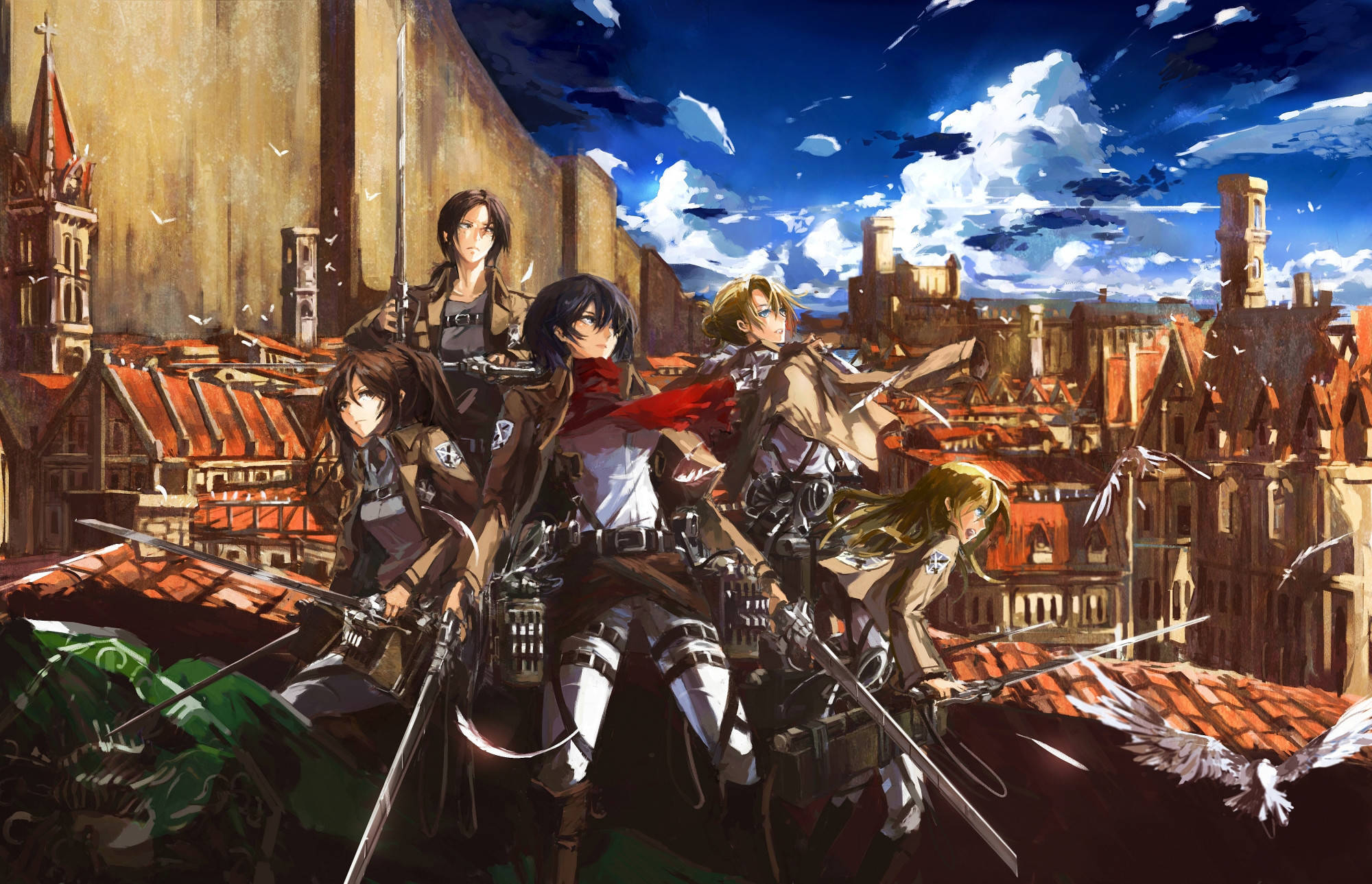 Mikasa Ackerman 桌布 壁紙 — 五個動漫戰士全副武裝，站在一個有紅色屋頂和高聳城牆的城市景觀之上，背景是戲劇性的藍天。
