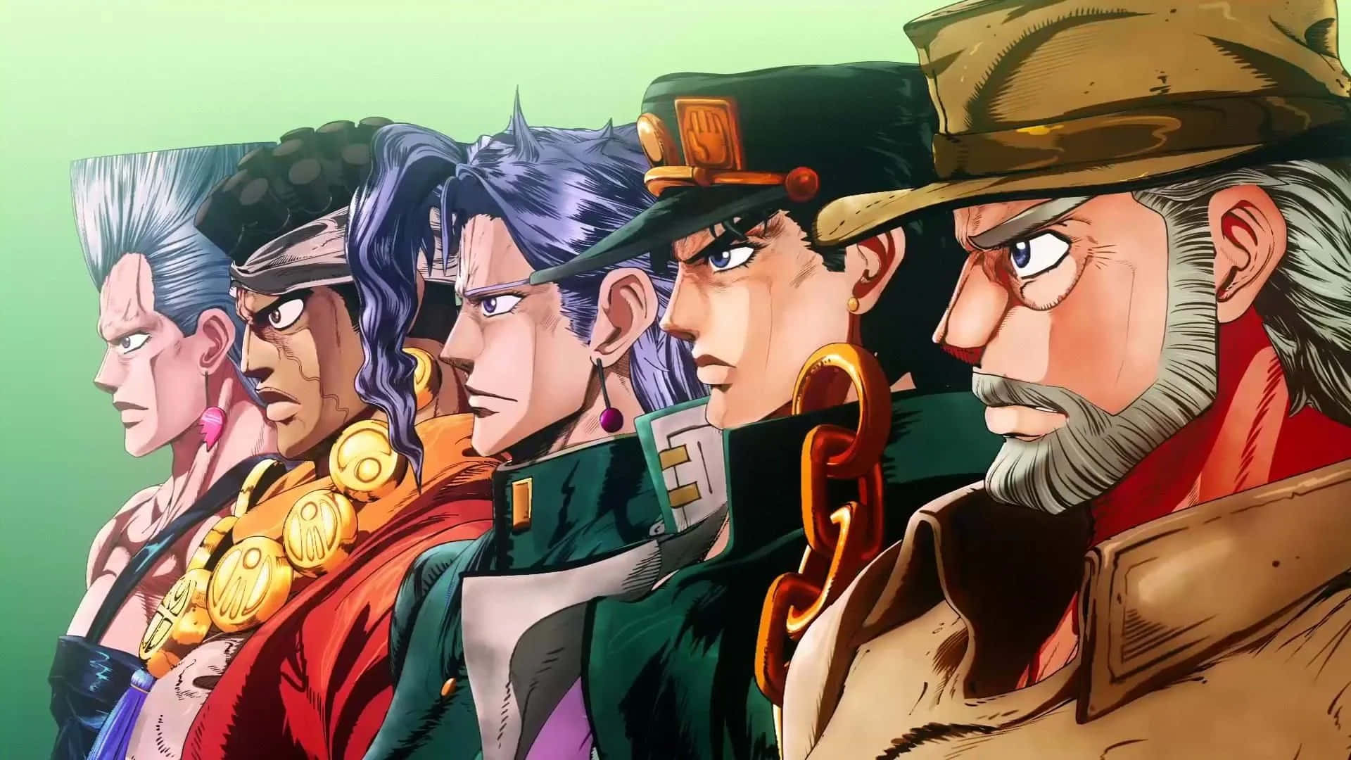 Jjba 桌布 壁紙 — 五個動漫角色，各有不同的髮型和服裝，側面站立在柔和的綠色漸變背景前。