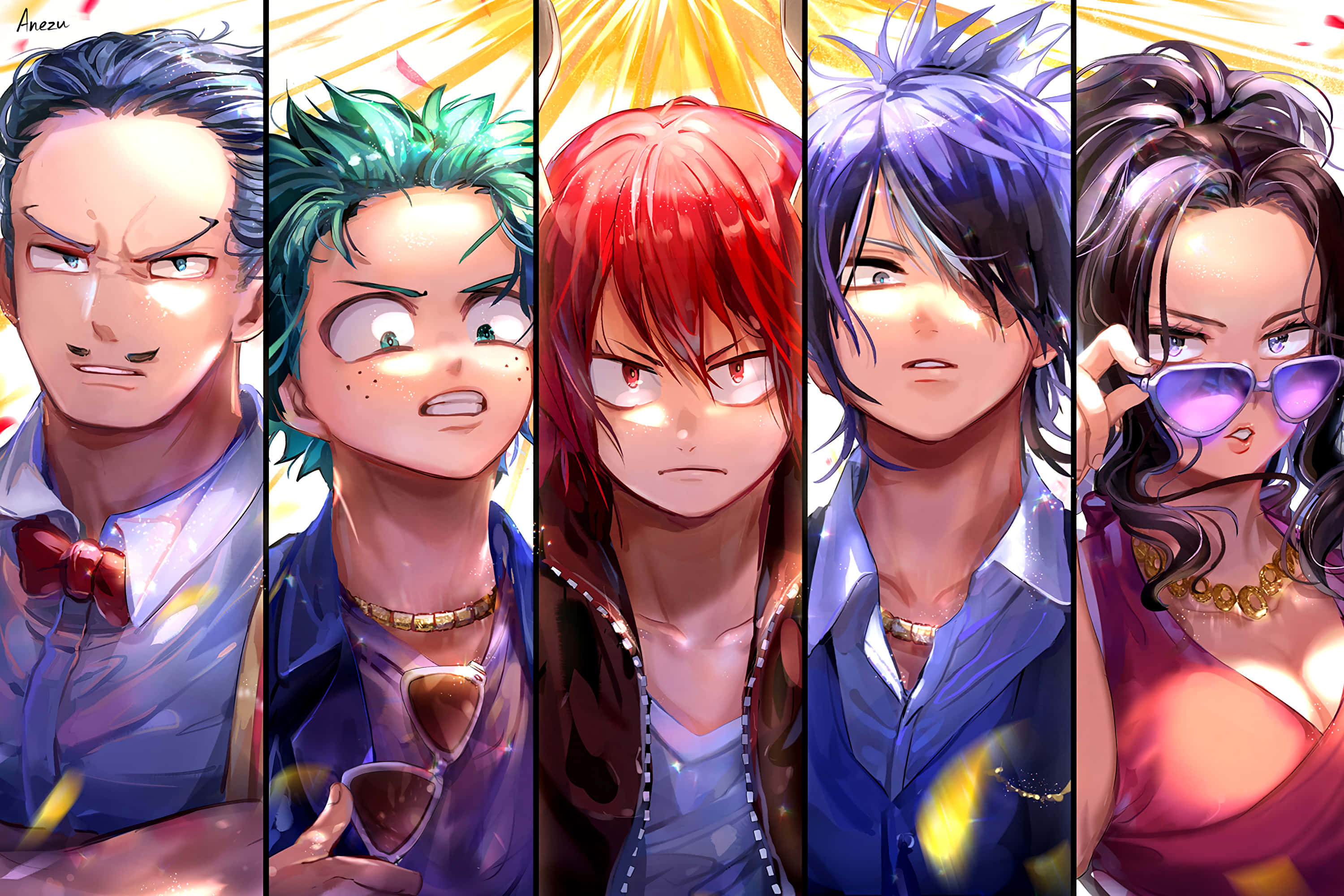 My Hero Academia Laptop 桌布 壁紙 — 五個動漫角色，各有不同的髮色和表情，並排站在閃耀的金色背景前。
