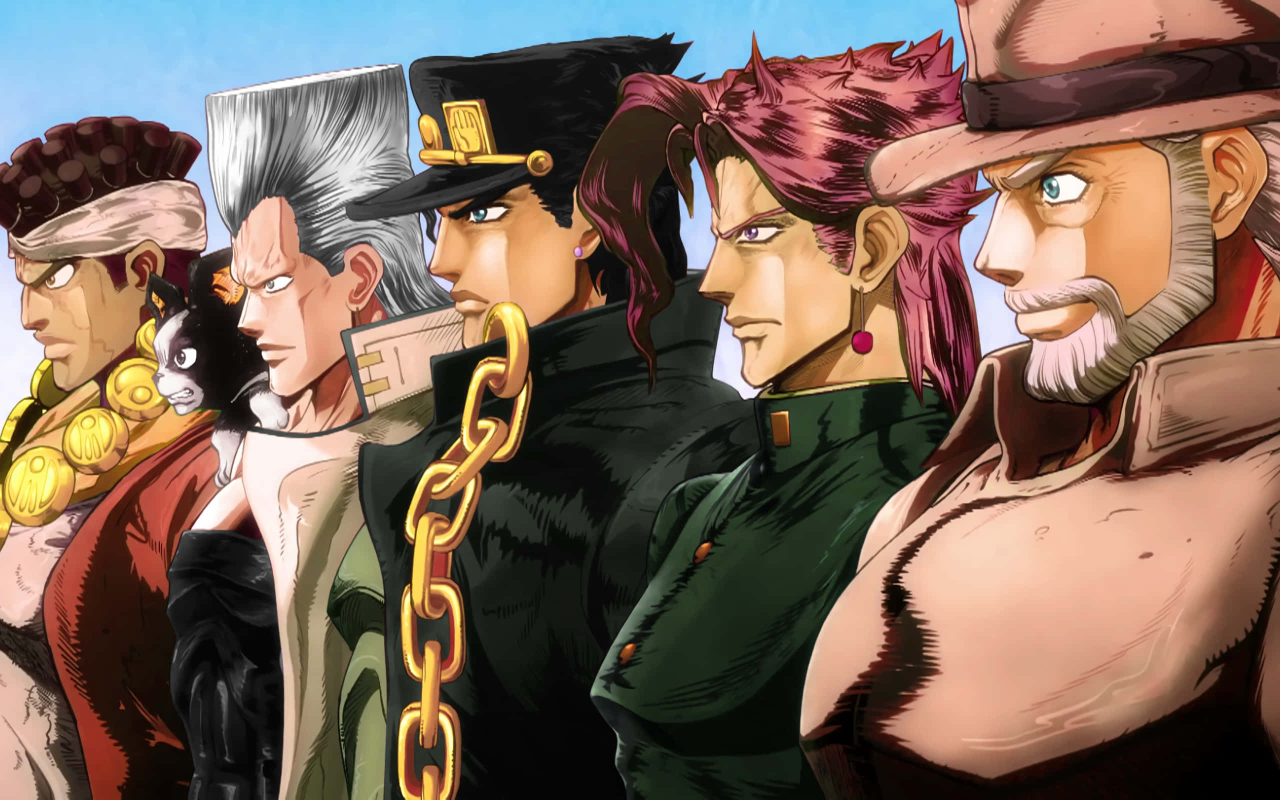 Jojo's Bizarre Adventure 桌布 壁紙 — 五個動漫角色，各有獨特髮型和服裝，一字排開，背景是清澈的藍天。